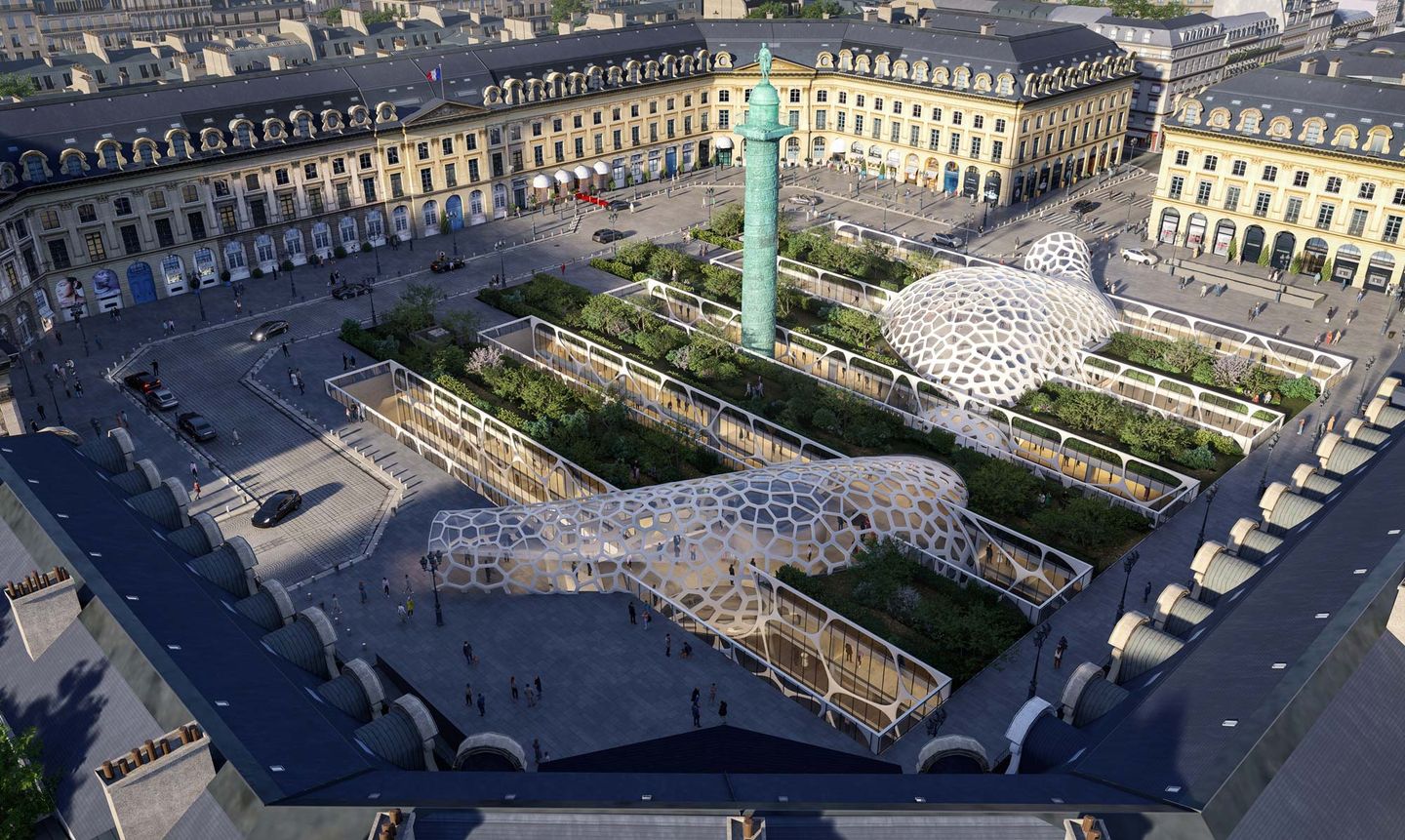 Aerial rendering of Place Vendôme, gardens and organic glass canopies above the transformed car park