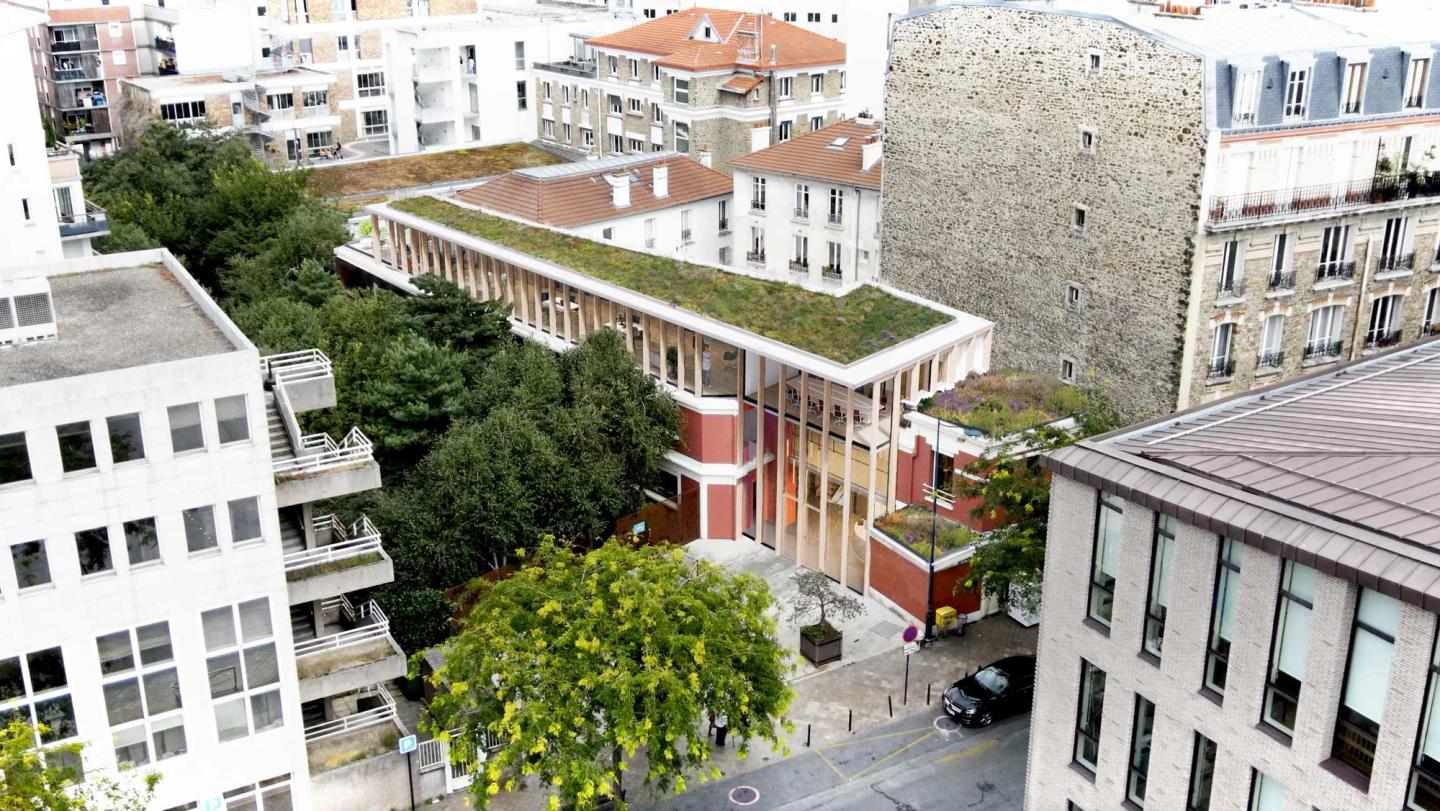 Aerial rendering of the timber vertical extension with green roof on the SEMIP building, Mölkky project, Pantin
