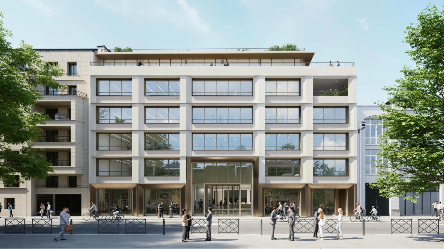 Perspective de la façade de l'immeuble de bureaux du 187-189 quai de Valmy au bord du canal Saint-Martin, Paris 10