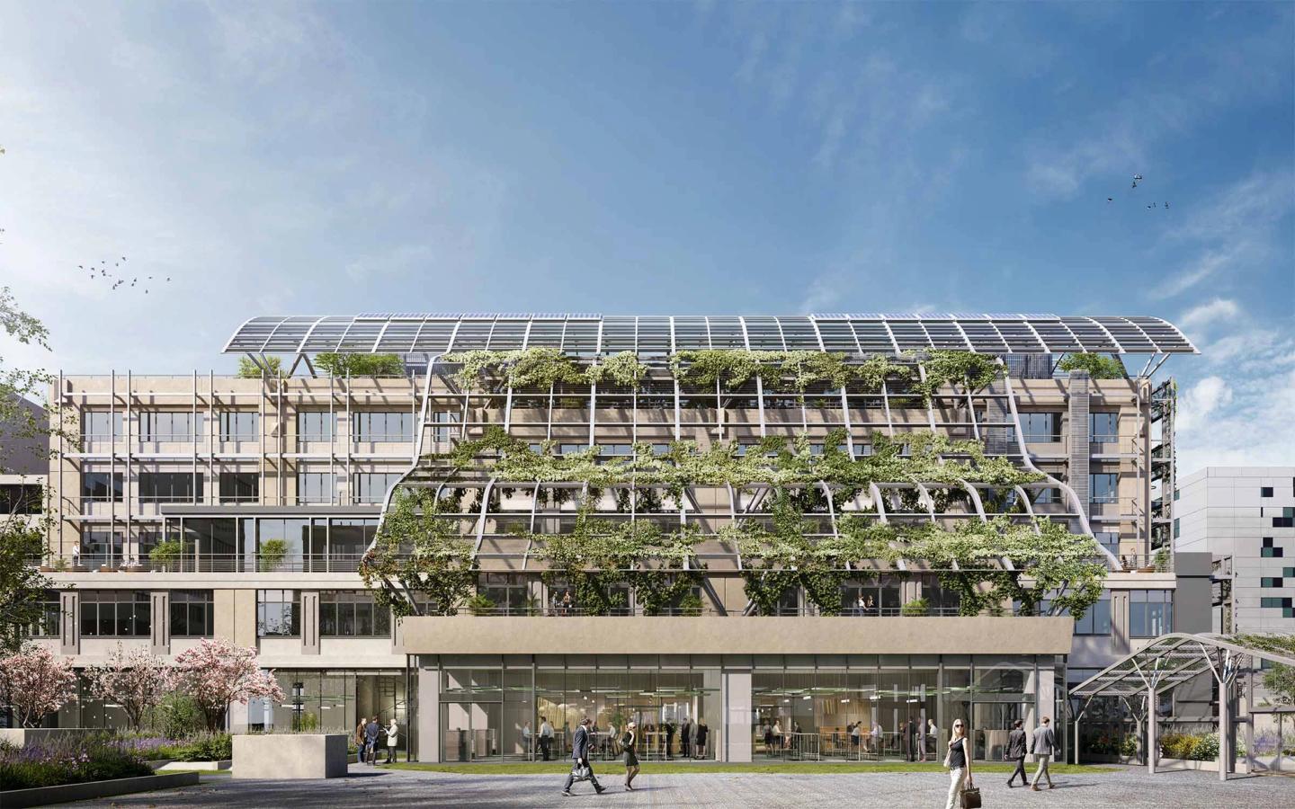 Rendering of the Biopark facade with planted terraces under the glass roof, glazed base open to the street, Paris 13th