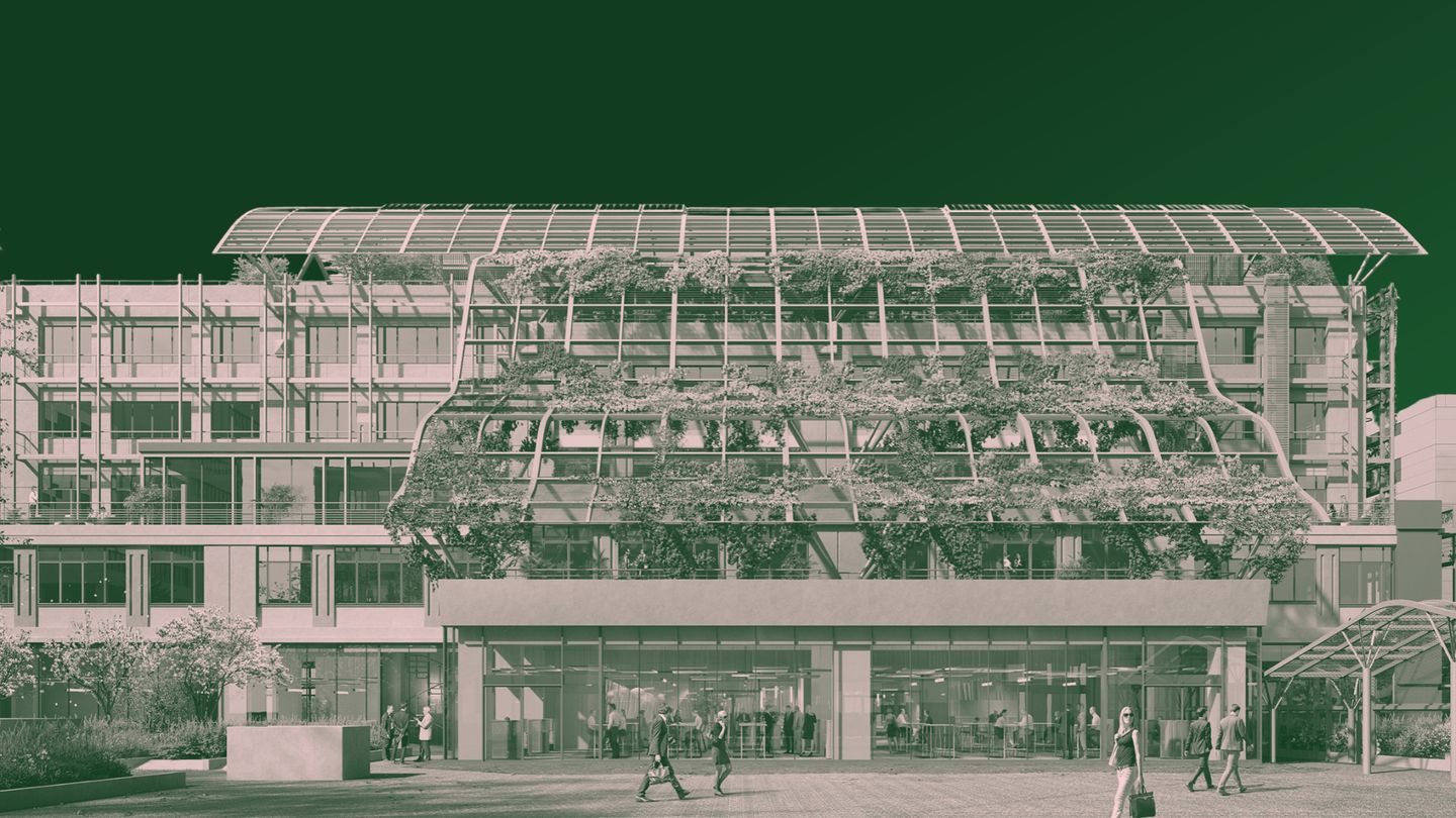 Vue en bichromie verte du Biopark : façade végétalisée sous une verrière cintrée, projet PDA Architecture, Paris 13