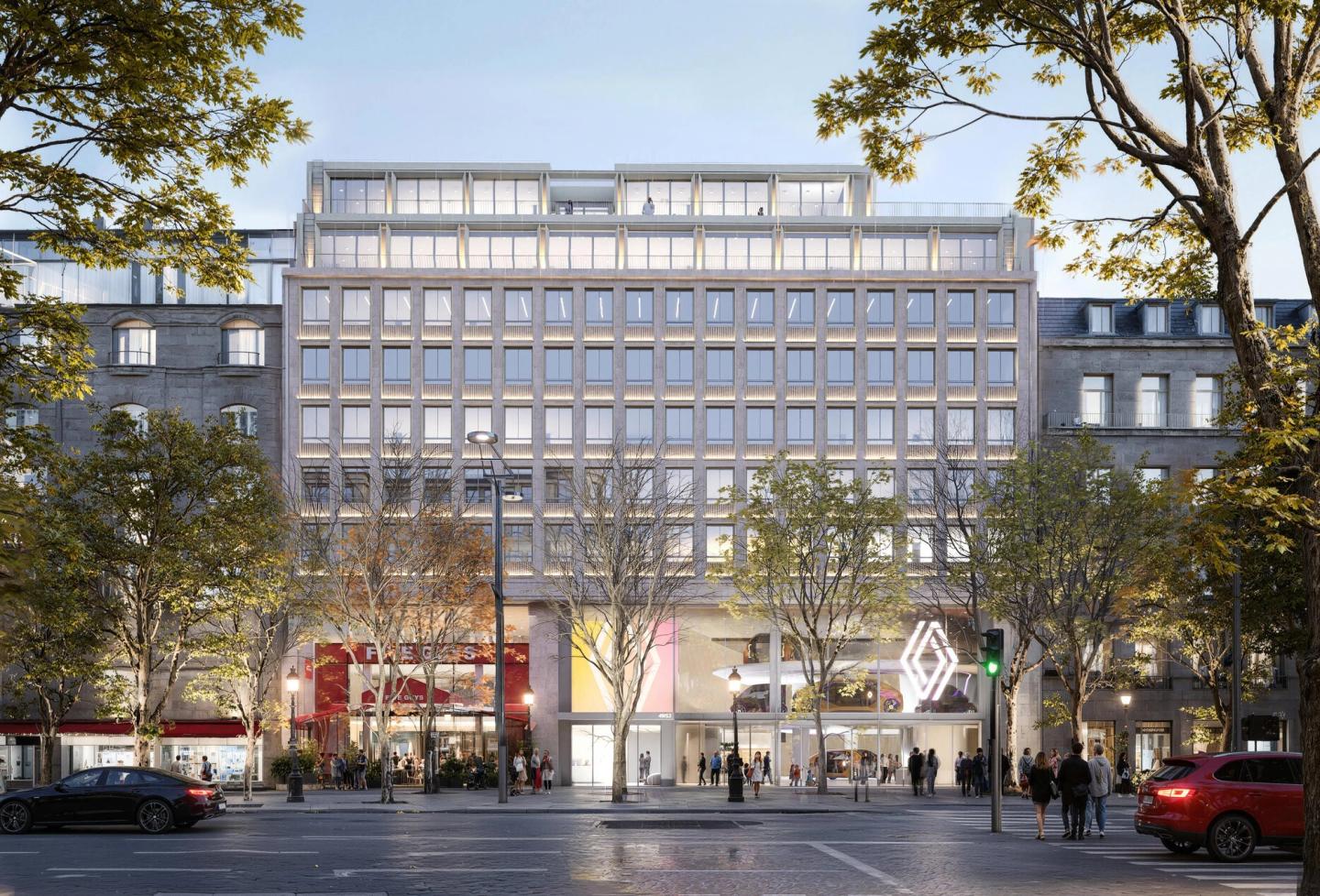 Rendering of the refurbished facade at 49-53 avenue des Champs-Élysées, Paris 8th, by PDA Architecture