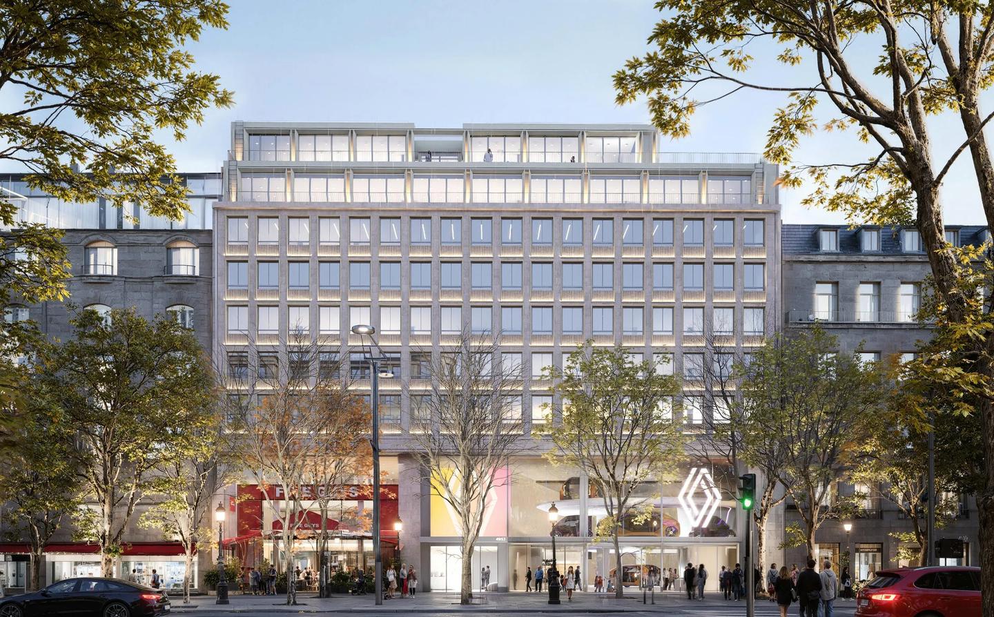 Rendering of the refurbished facade at 49-53 avenue des Champs-Élysées, Paris 8th, designed by PDA Architecture
