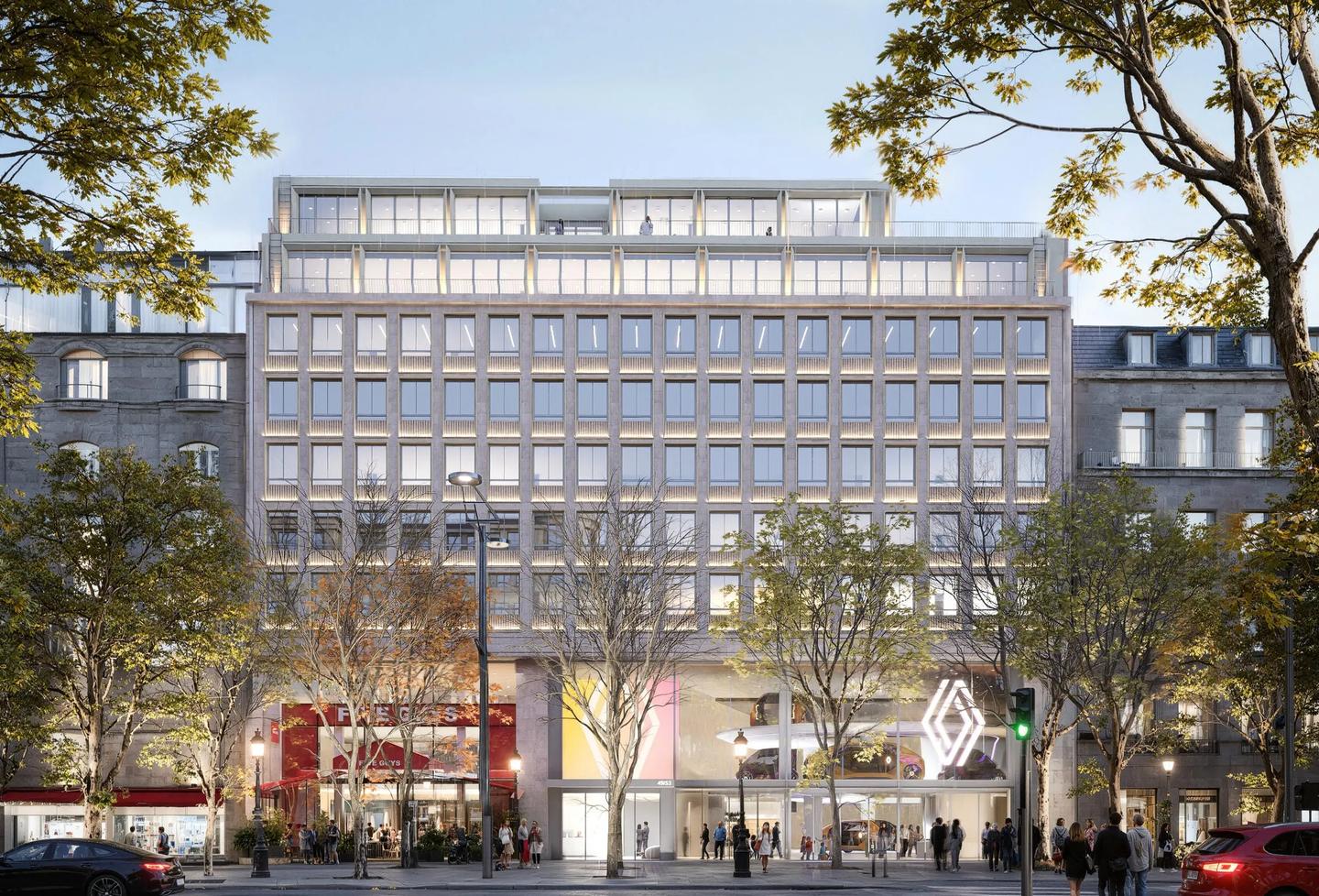 Rendering of the refurbished facade at 49-53 avenue des Champs-Élysées, Paris 8th, designed by PDA Architecture