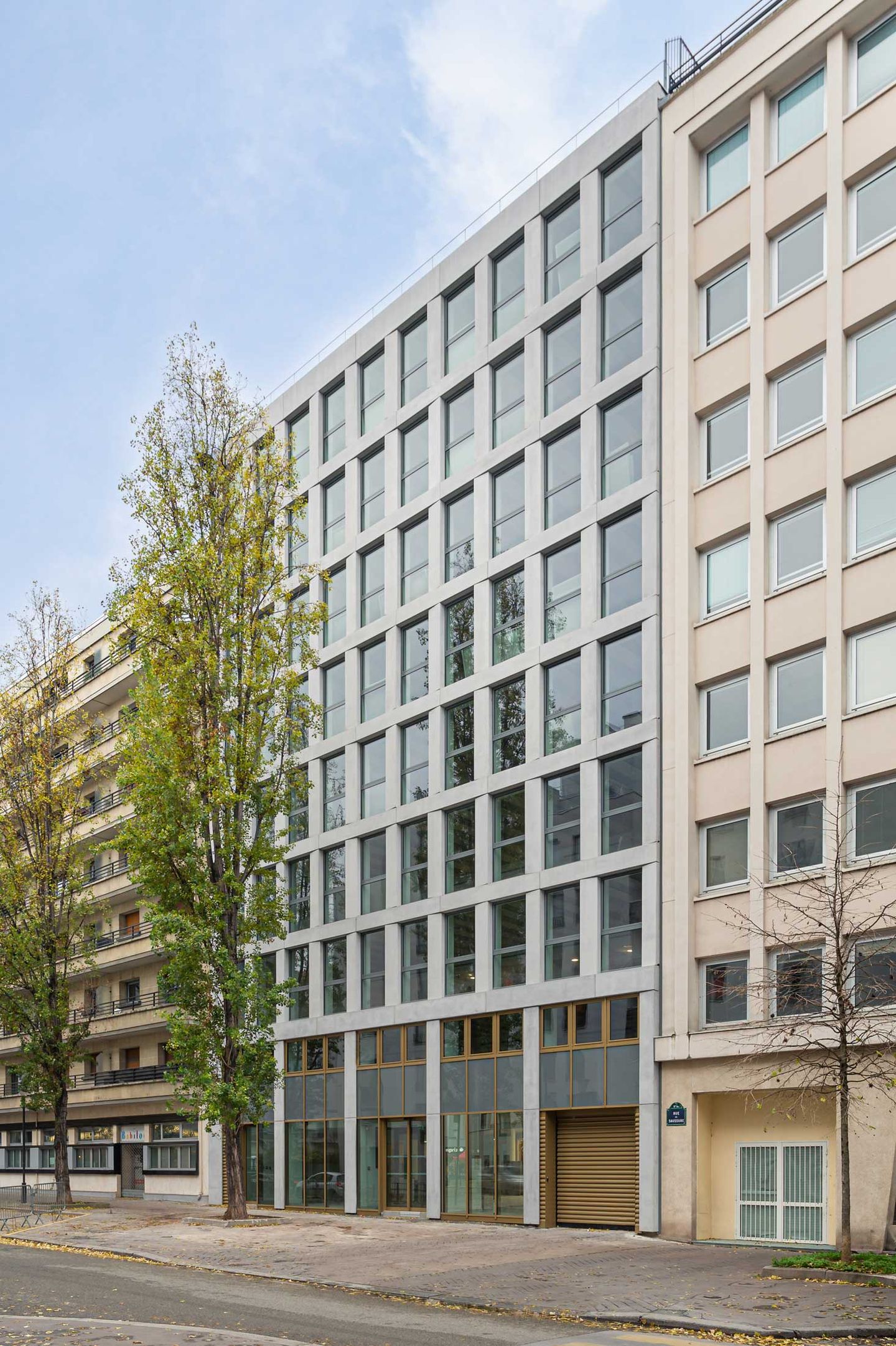 Perspective photo of the Saussure facade, light grid and glazing, rue de Saussure, Paris 17th