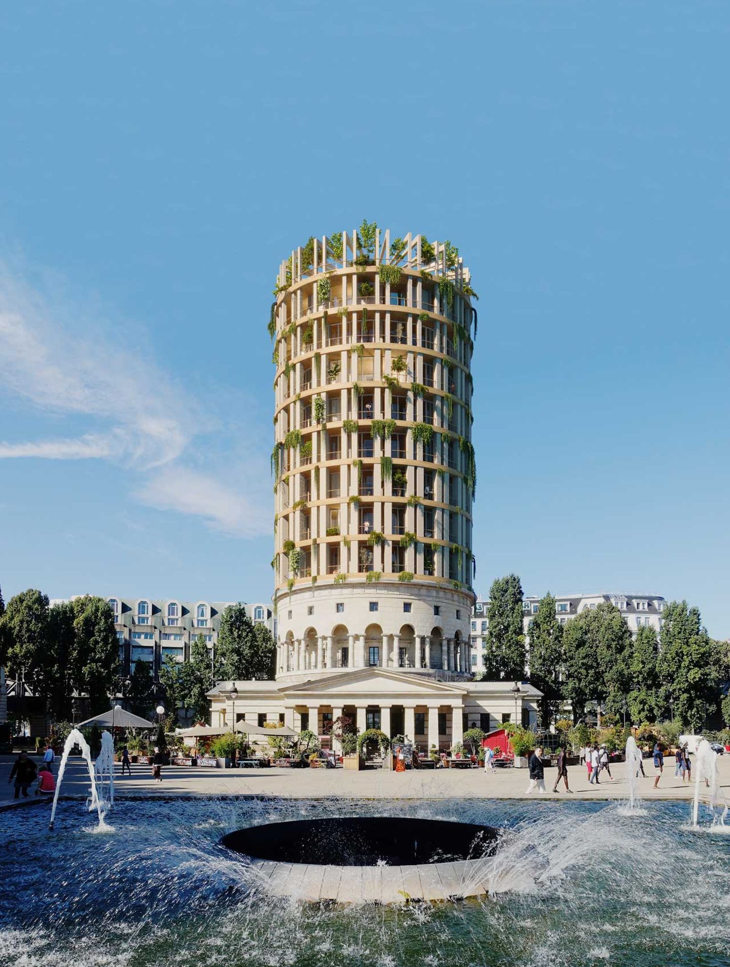 Perspective de la tour en bois végétalisée sur la Rotonde de la Villette, fontaines de la place de Stalingrad