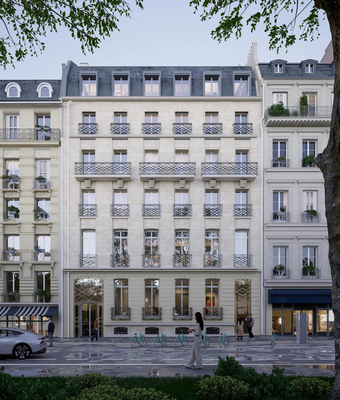 Rendering of the Haussmann-era facade at 43 avenue Marceau from the tree-lined avenue, Paris 16th