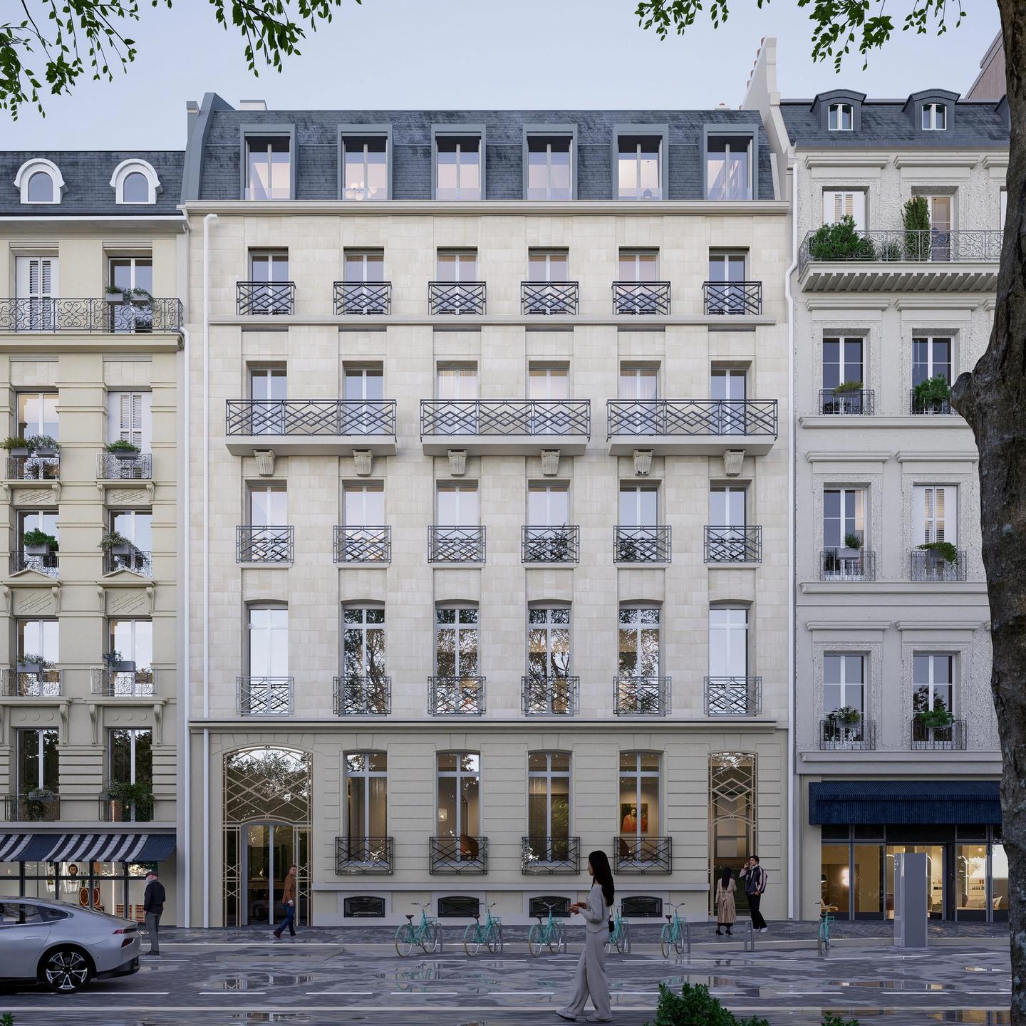 Rendering of the Haussmann-era facade at 43 avenue Marceau from the tree-lined avenue, Paris 16th