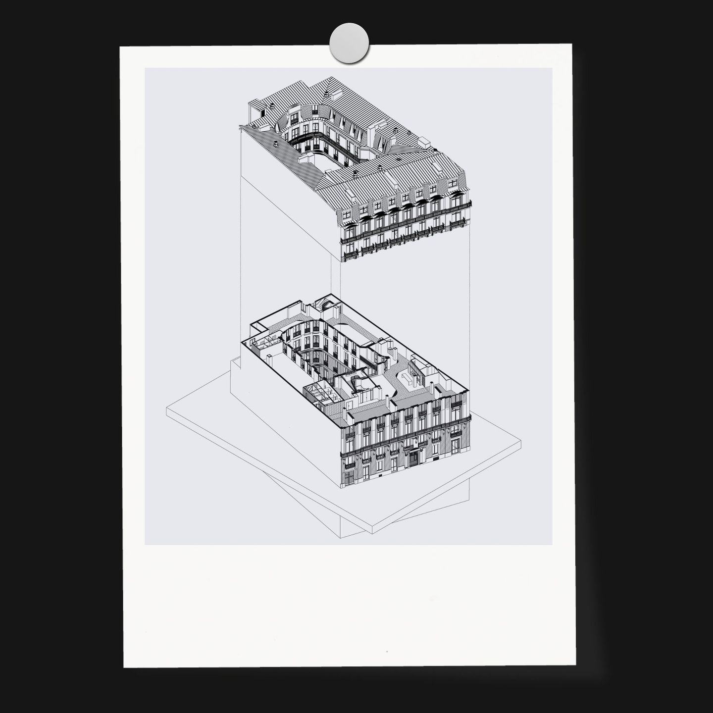 Tirage épinglé de deux axonométries BIM superposées d'un immeuble autour de sa cour, Digital Lab de PDA Architecture