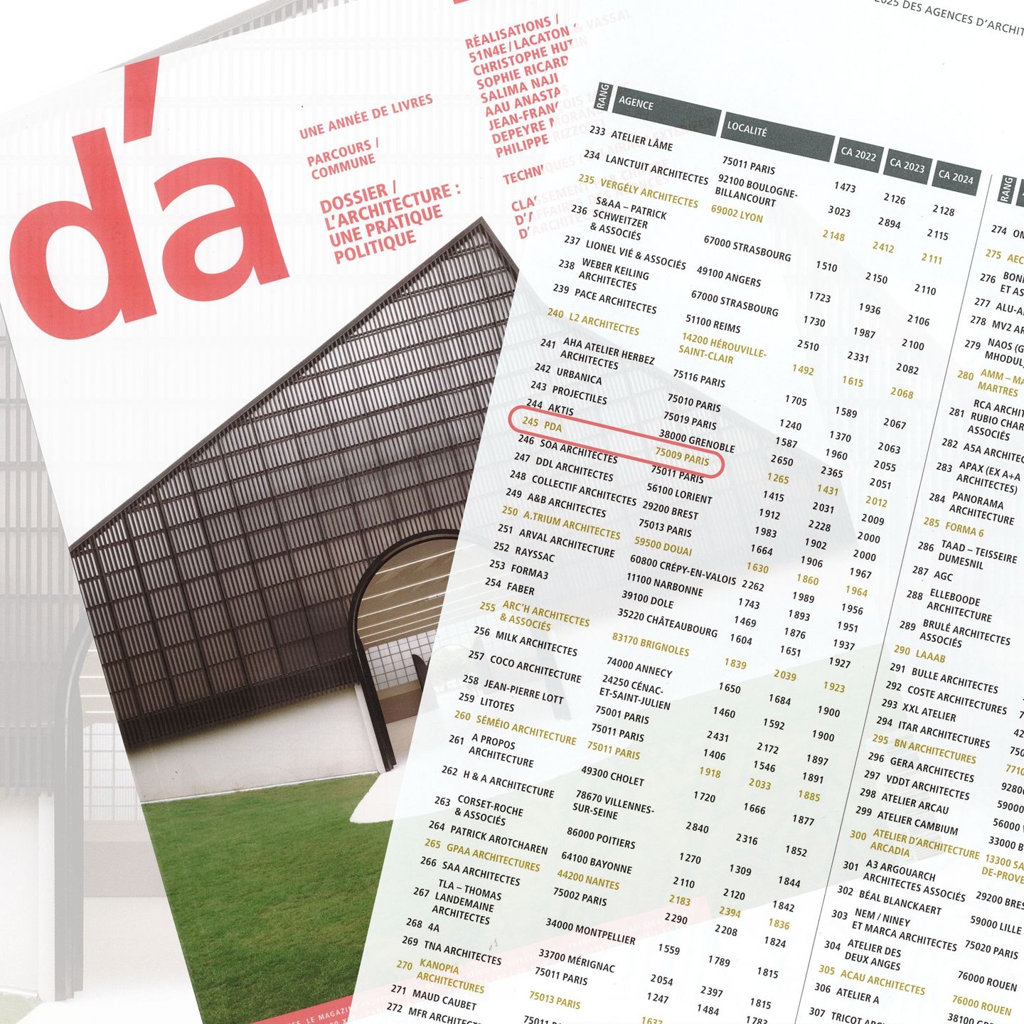 Photo du magazine d'a et de son classement des agences d'architecture 2024 où figure PDA Architecture
