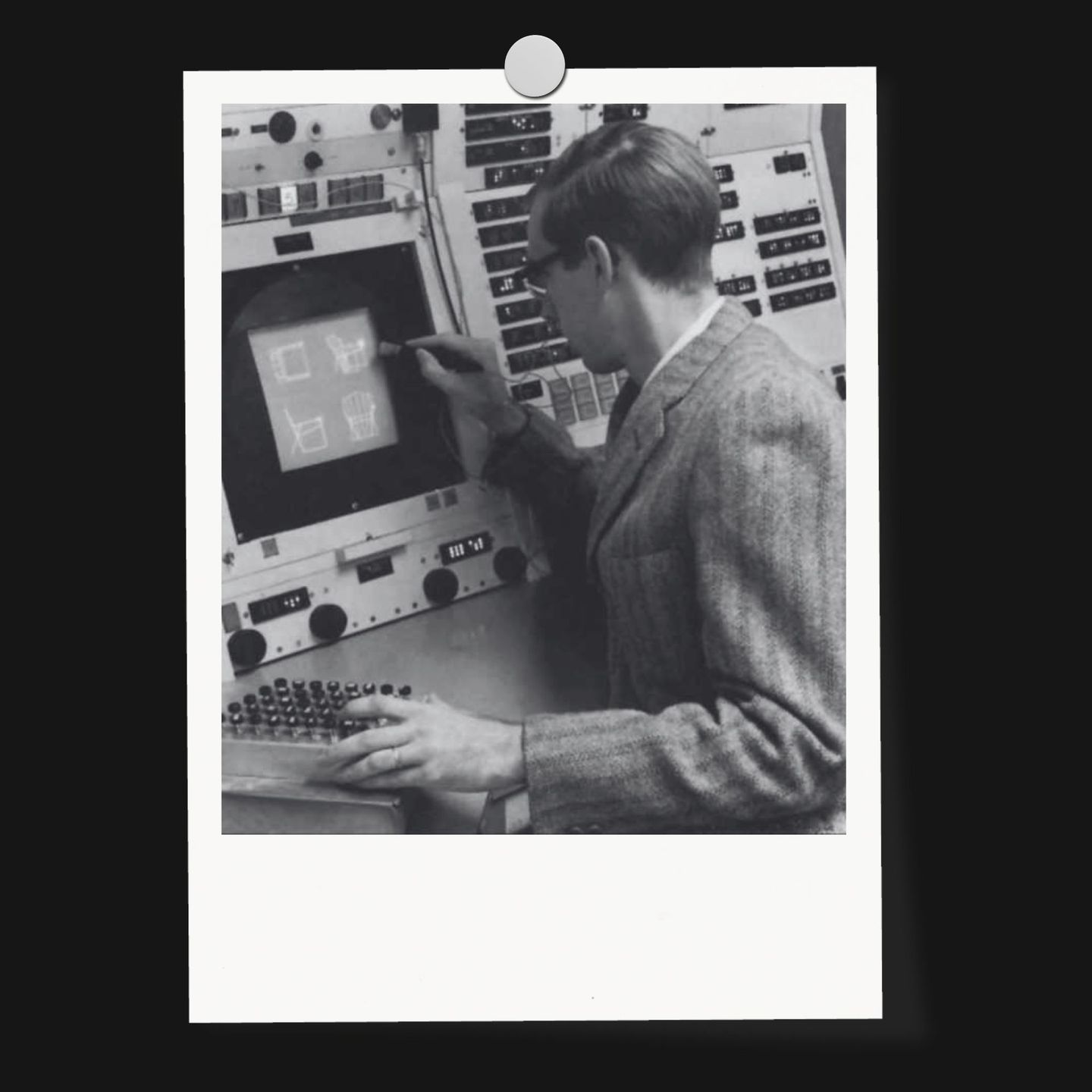 Tirage épinglé de la photo d'archive du Sketchpad d'Ivan Sutherland, 1963, exposition Architecture & IA de PDA