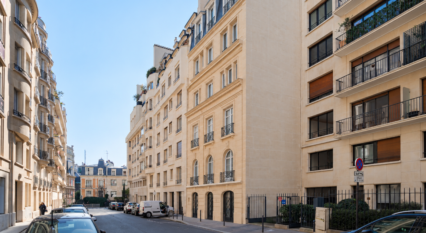 Photo de la rue Oswaldo Cruz et de la façade en pierre ravalée des bureaux réhabilités de l'OCDE, Paris 16