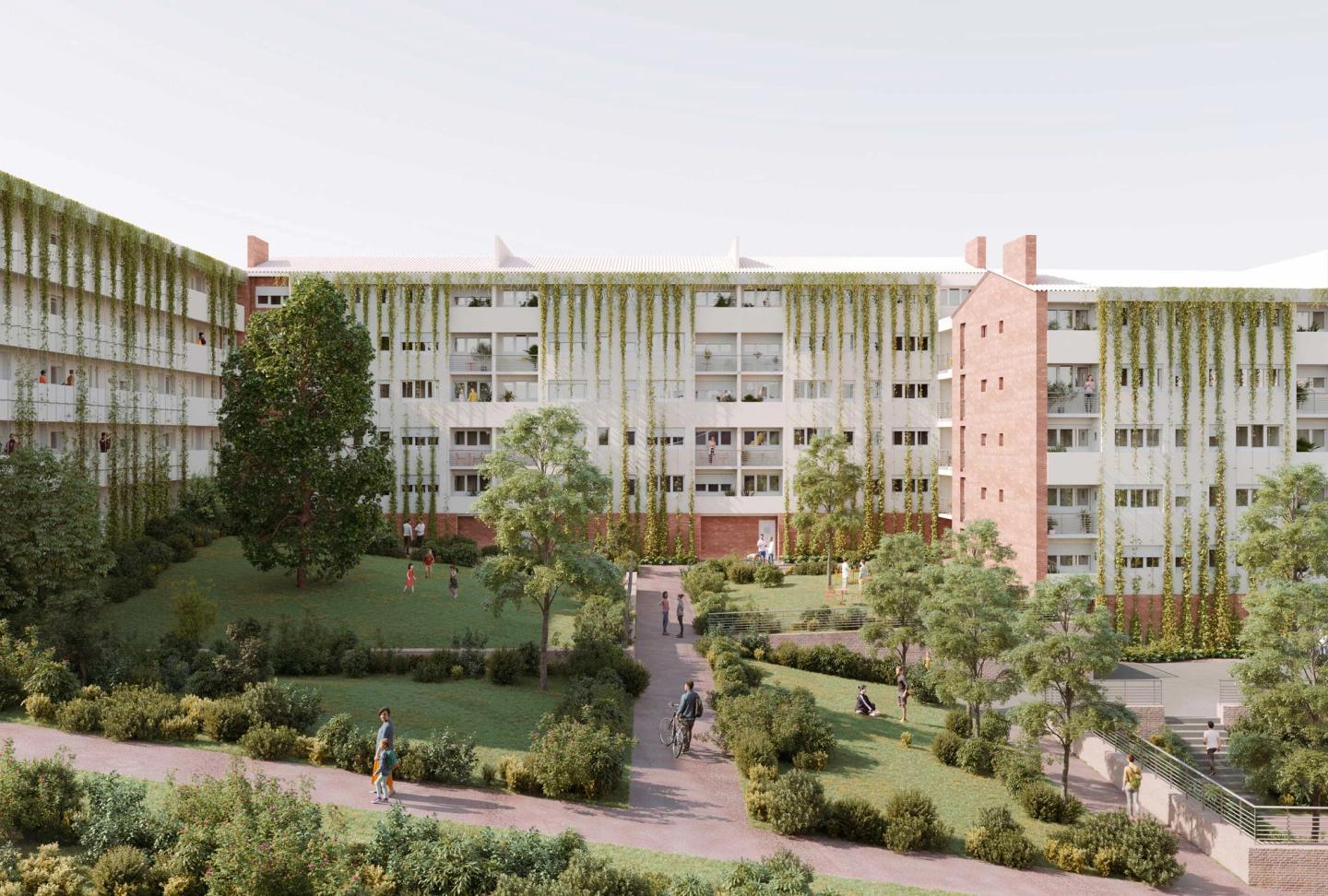 Perspective des cheminements rénovés et des jardins entre les bâtiments de la résidence de Fontenay-aux-Roses