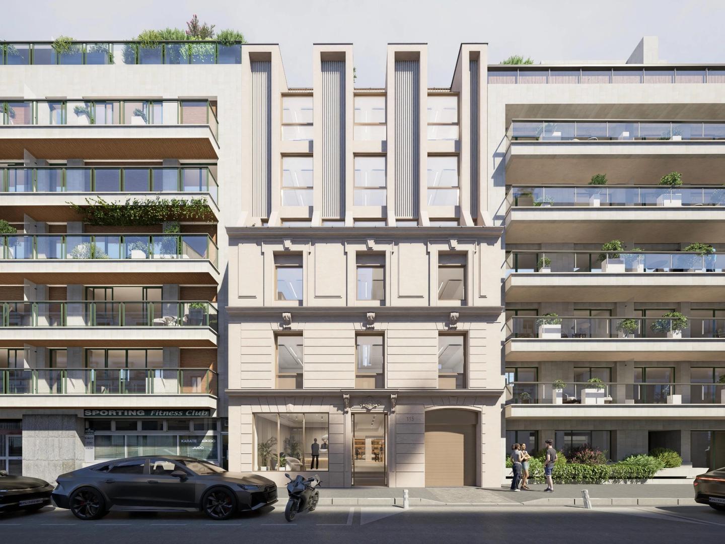 Perspective frontale de la façade en pierre à pilastres de l'immeuble de bureaux du 115 rue Cardinet, Paris 17