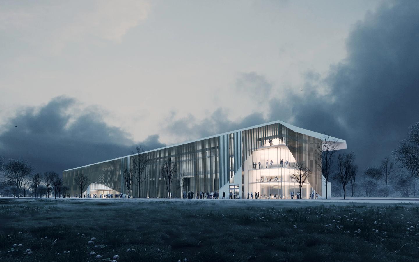 Perspective de nuit des tribunes transformées de l'hippodrome de Maisons-Laffitte, façade vitrée éclairée sur la pelouse