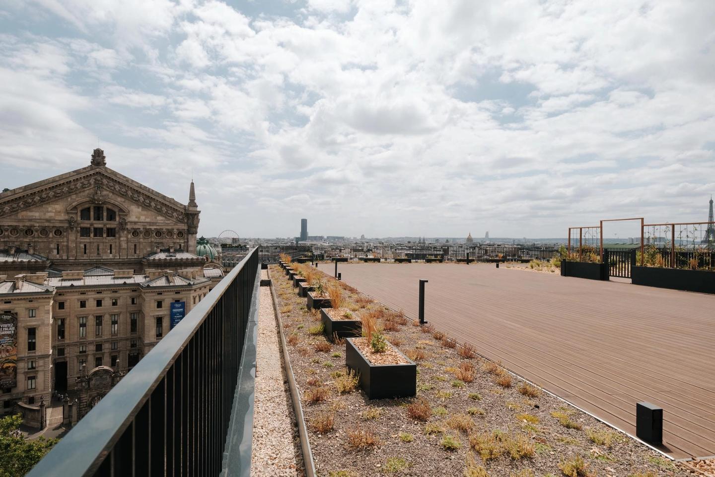 Photo du rooftop végétalisé du 50 boulevard Haussmann avec vue sur l'Opéra Garnier, Paris 9