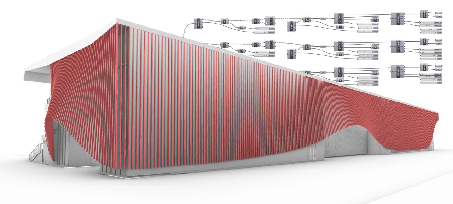 Modélisation paramétrique d'une façade rouge à lames ondulées, préparée pour l'impression 3D, expertise de PDA