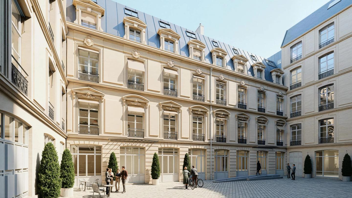 Photo de la cour d'un immeuble haussmannien réhabilité par PDA Architecture, projet Lincoln, Paris