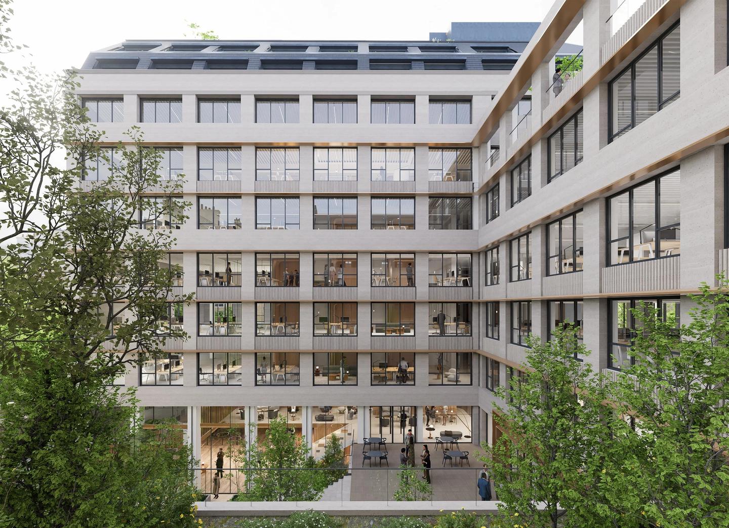 Photo of the refurbished courtyard at 68 Faubourg Saint-Honoré: light facades and planted garden, PDA project, Paris 8th