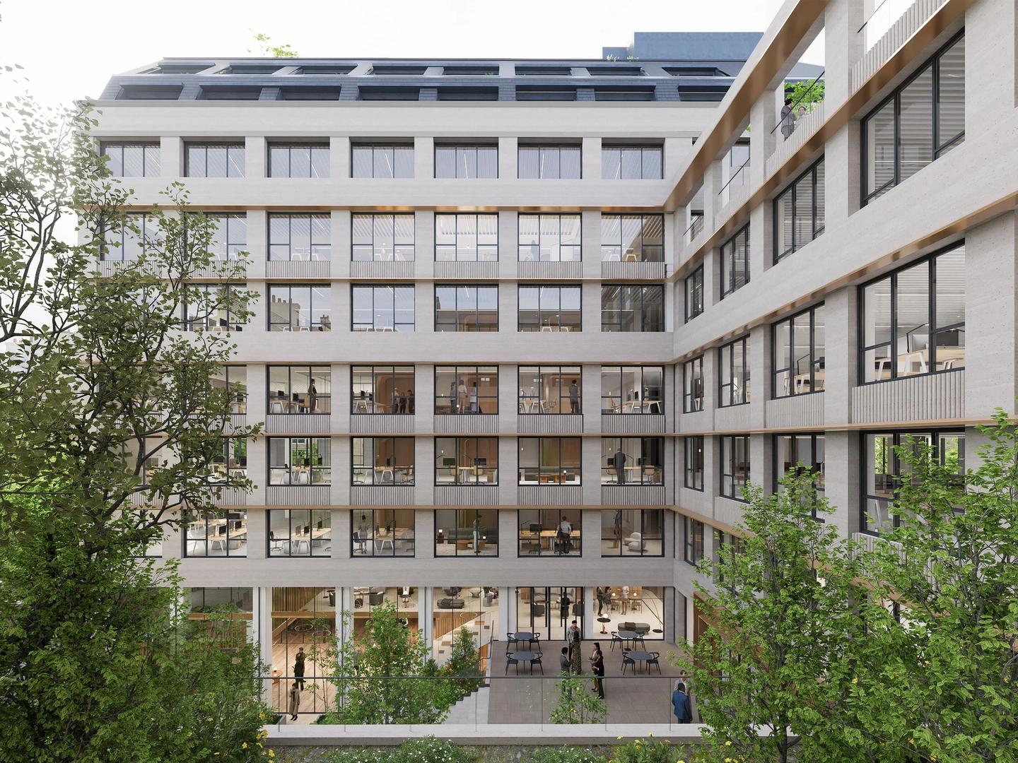 Photo of the refurbished courtyard at 68 Faubourg Saint-Honoré: light facades and planted garden, PDA project, Paris 8th