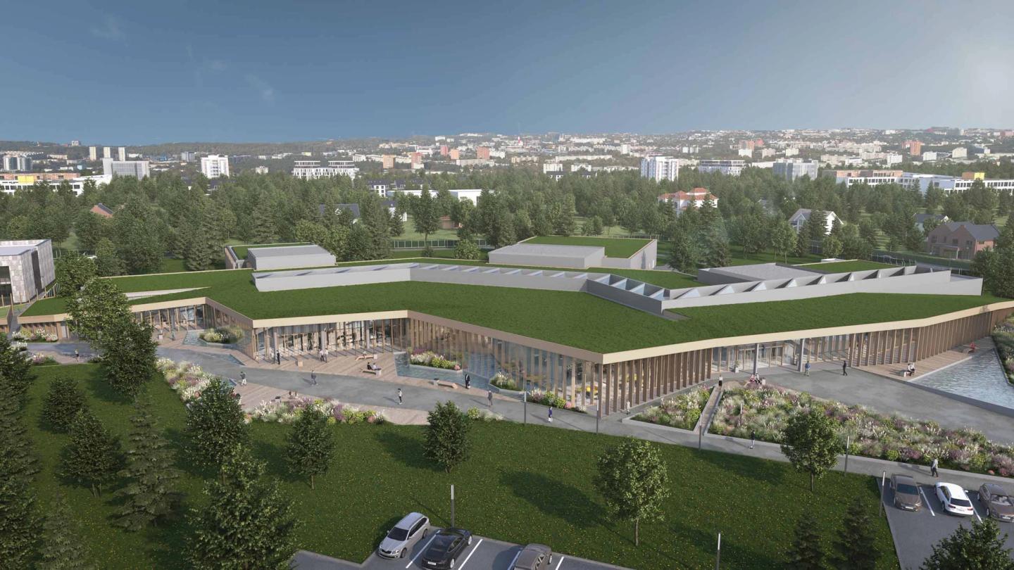Perspective 3D aérienne du campus Crédit Agricole Immobilier à Gradignan : bâtiment à toiture végétalisée dans le parc