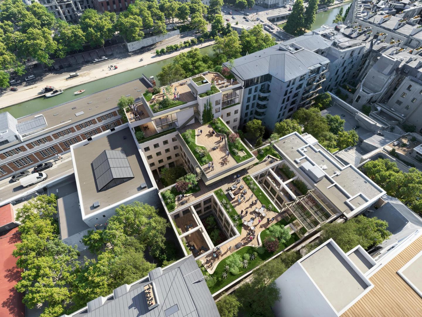 Perspective 3D aérienne du projet 187 Valmy : toitures végétalisées au bord du canal Saint-Martin, Paris 10