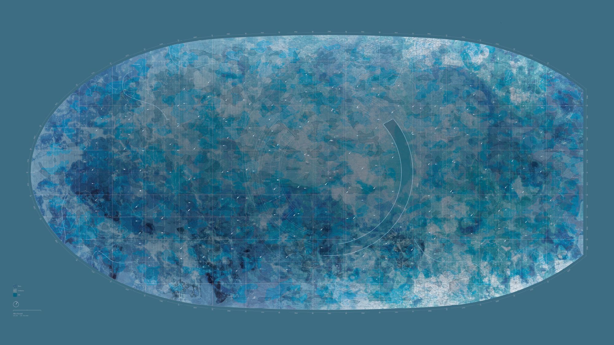 An illustration of an oval shaped blue speckled blob, with an unidentifiable dark shape inside