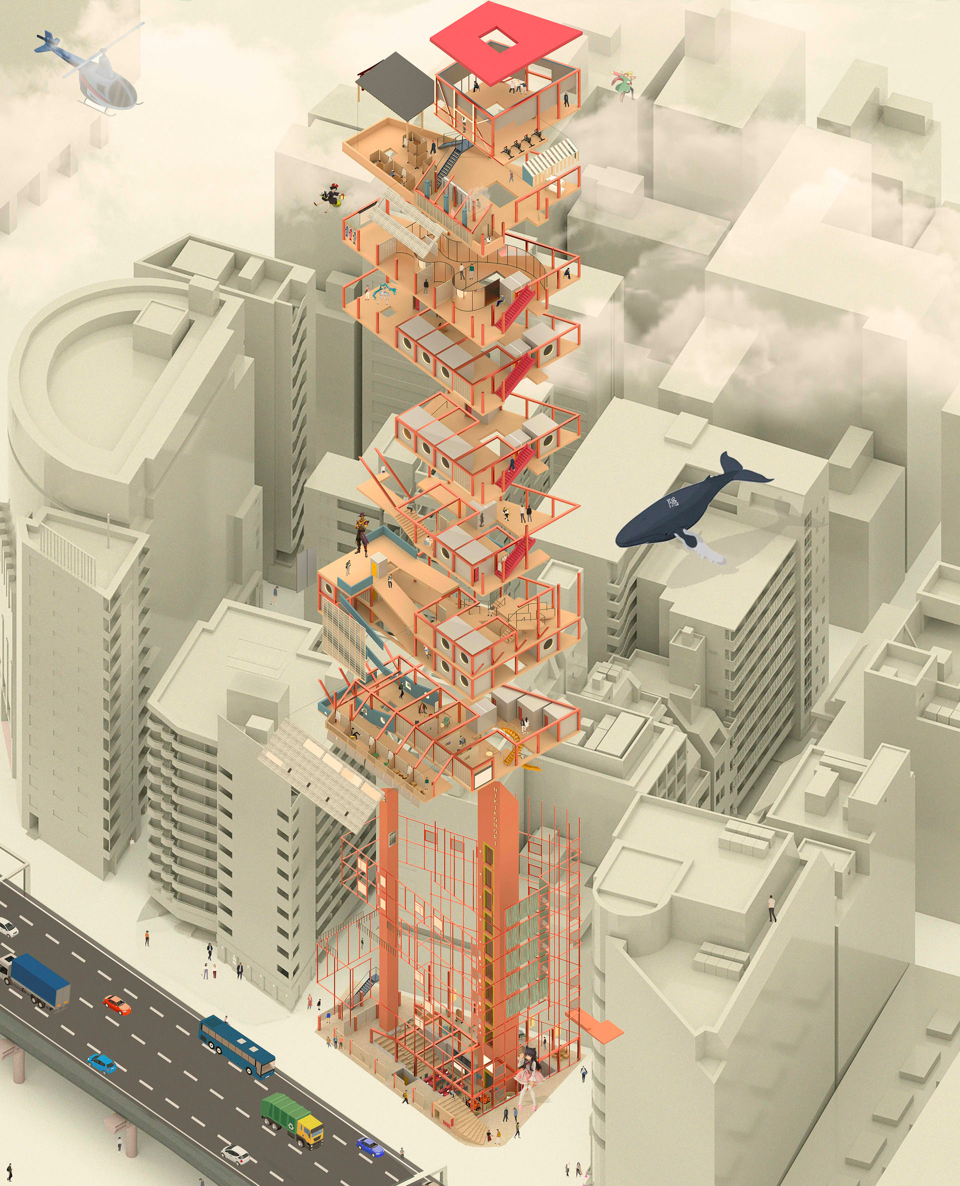 An aerial view of a computer-generated city street and high rise buildings, all in white, except one in orange and red, consisting of open plan floors with no roofs or walls. A whale swims above the buildings.