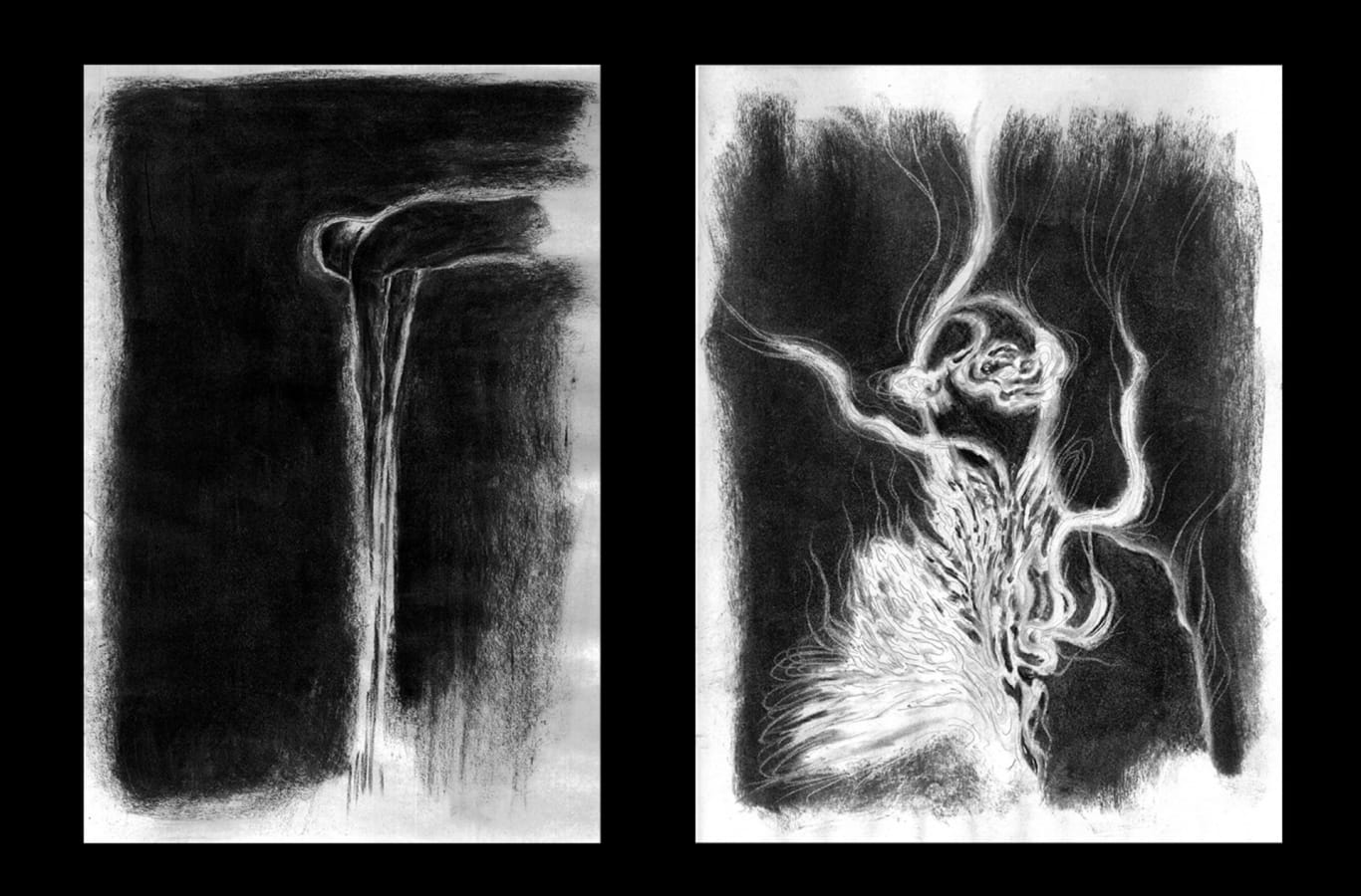 Two black and white images. One of a figure, sideways near the top of the image, with its long arms pointing down and an abstract image of shapes and tendrils emanating from its base.