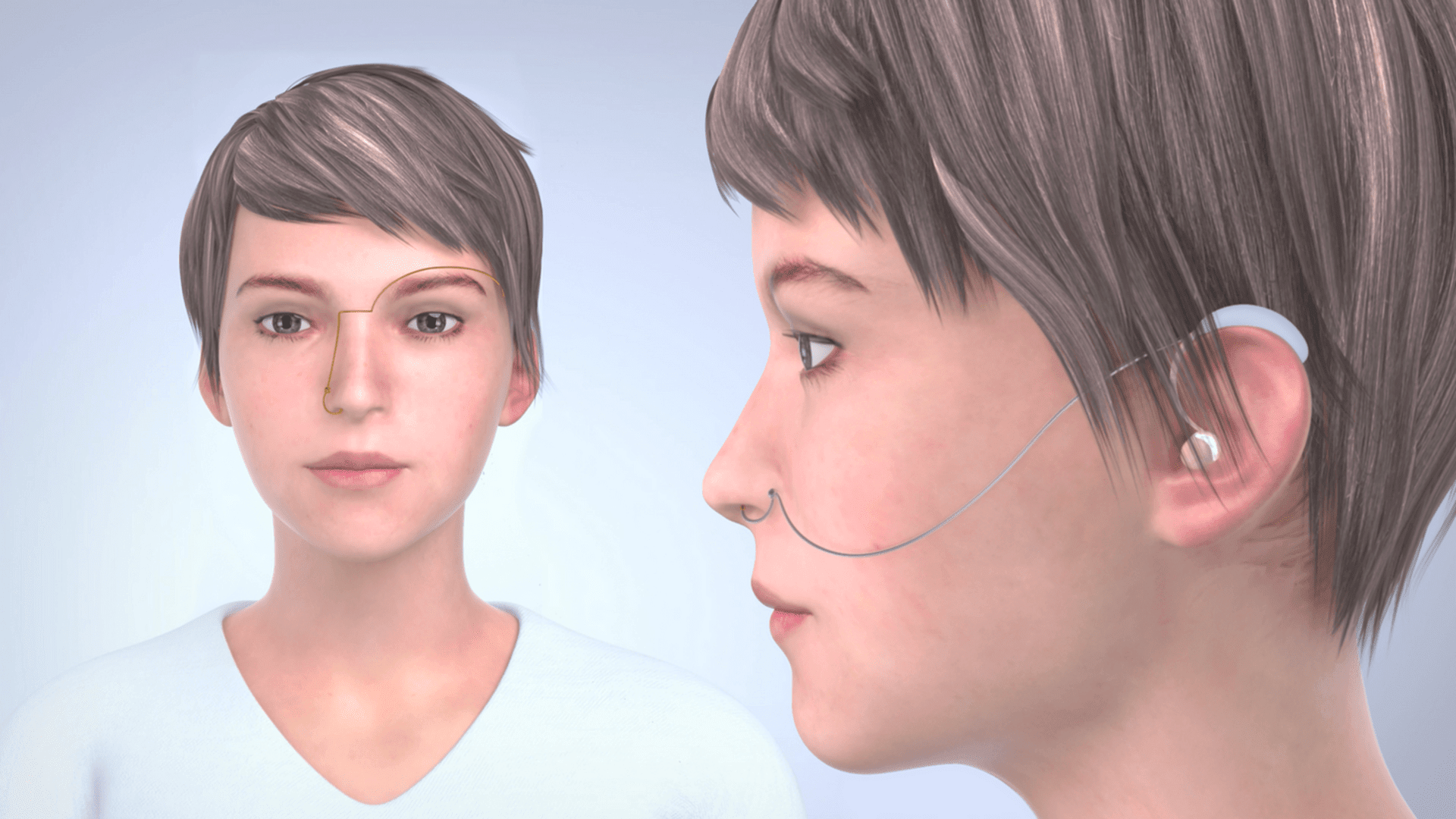 Image of what looks like a computer-generated woman’s head and shoulders on the left and in close-up profile on the right, with a wire running from her nostril to her ear.