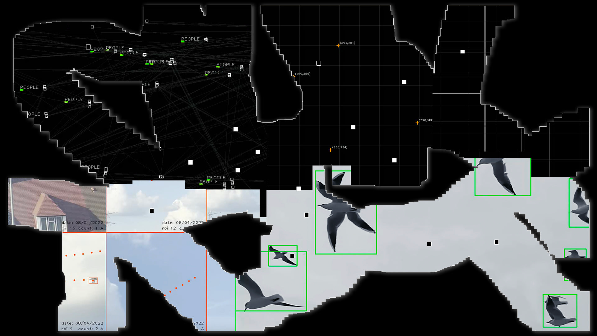 A map-like outline on a black background. The lower half of the image is filled with photographic images of the sky, a roof of a house and seagulls in flight.
