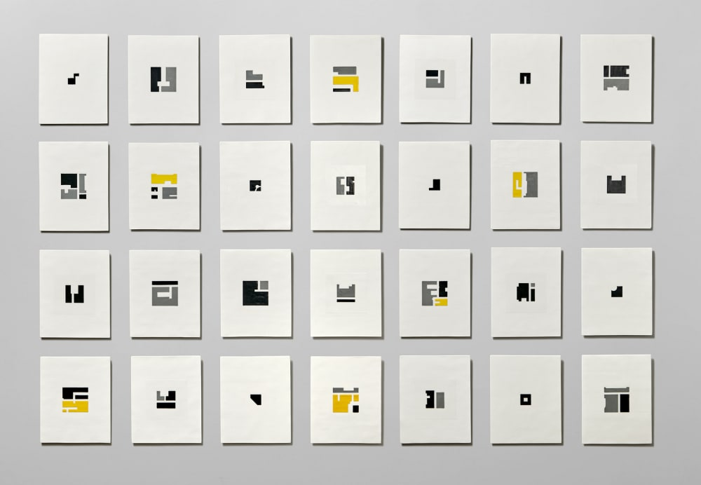 An image of 28 smaller rectangular images, set in four rows of eight, each with a different shape, or combination of shapes, in black, grey or yellow, on a white background.