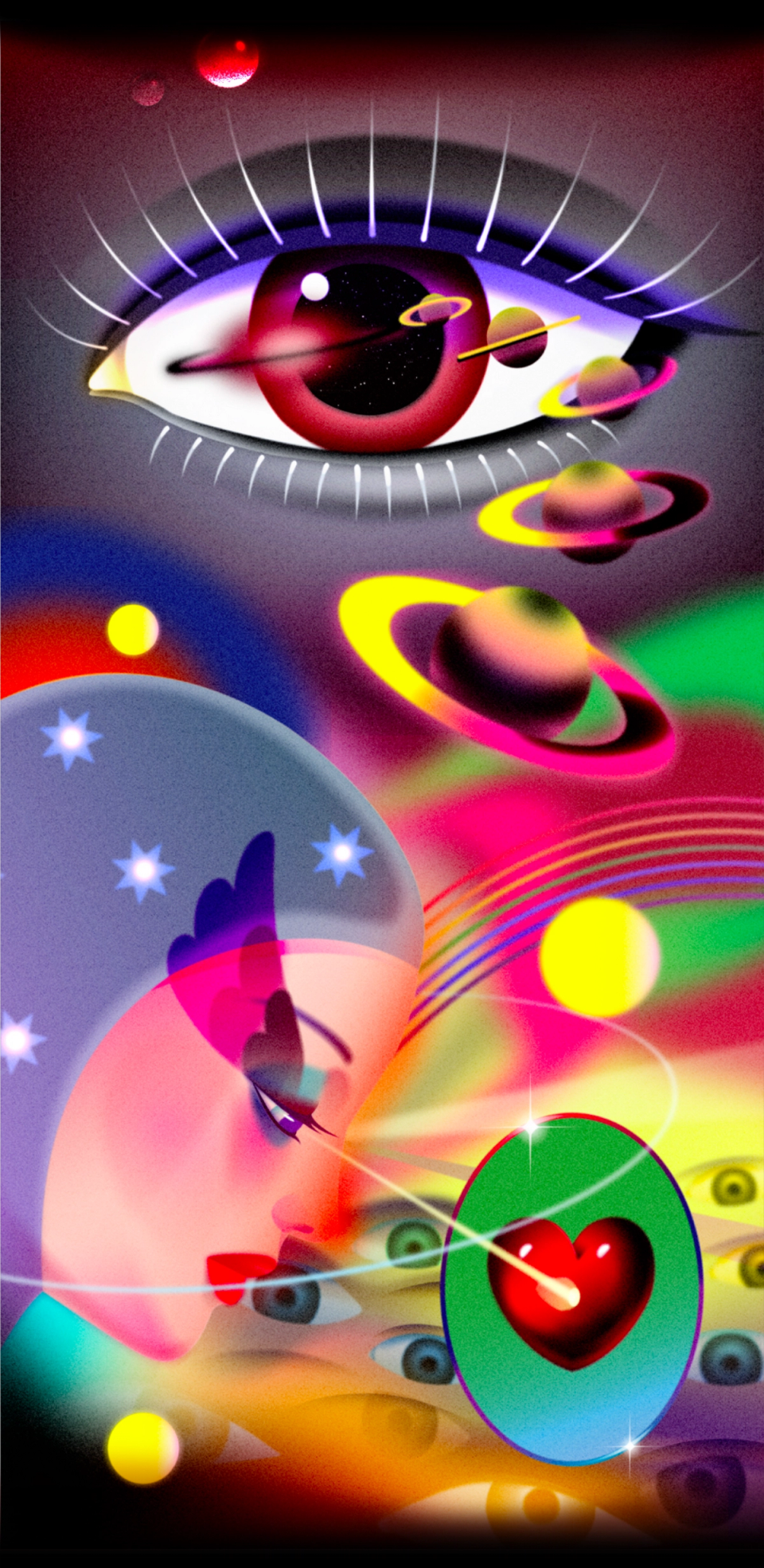 An illustration including; ringed planets floating towards the viewer from a large human eye, a female head in profile, wearing a cap covered in stars, and numerous human eyes and astral shapes.