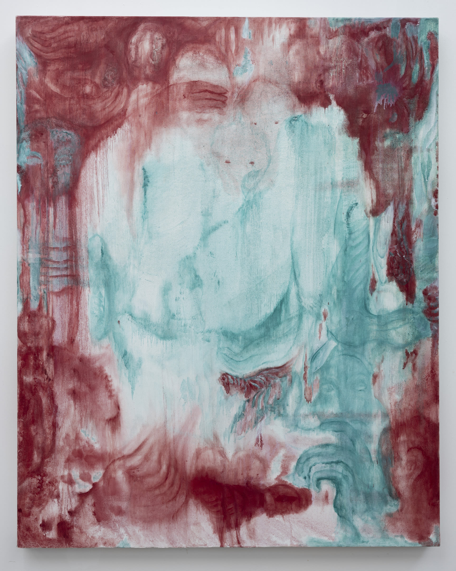 Abstract image of reddish brown and teal green in washy strokes and smears, with what appears to be three huddled figures in the centre, one with a hand over their eyes.