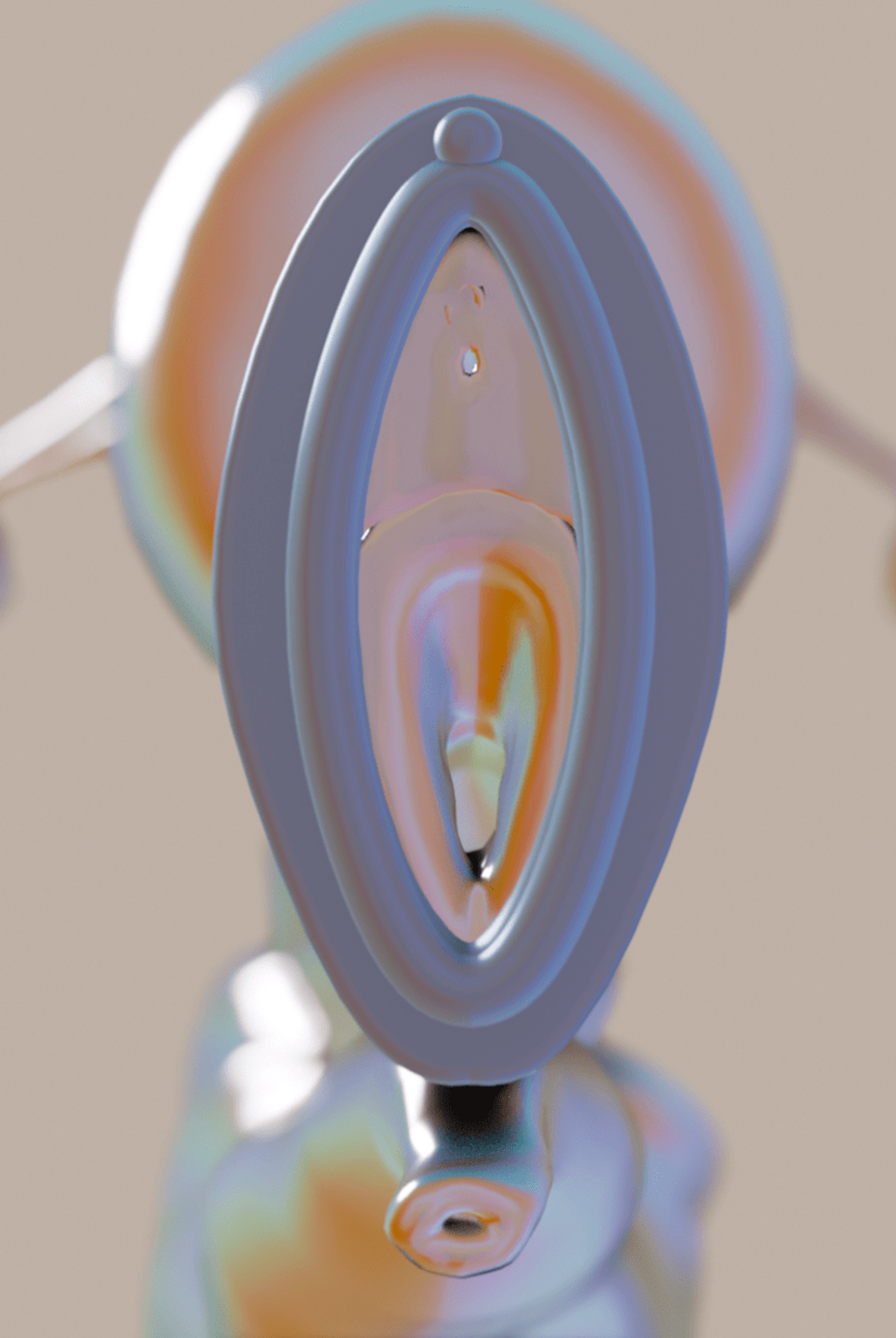 Image of an unknown object in close-up, with a metallic elliptical shape, with a circular shape out of focus, behind it. By Georgia Mackenzie