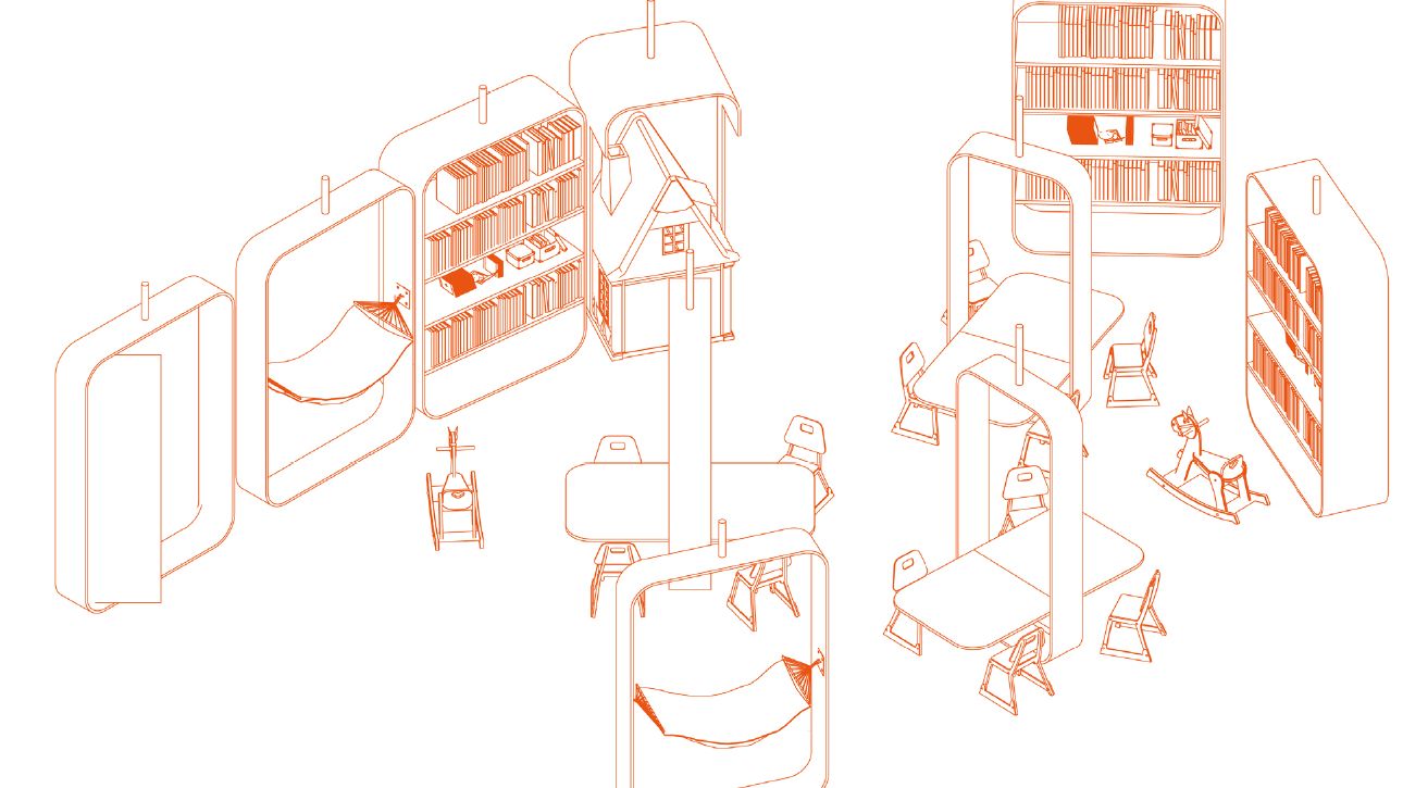 “Community Centre Movable Furniture” by Yunning Qie; a line drawing in brown on white, of a space containing, tables and chairs and rocking horses, surrounded by bookcases.