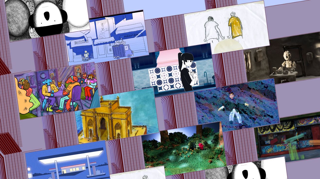 A collage of diagonally orientated and overlapping rectangles of different animation images, against a patterned background of burgundy graphic lines.