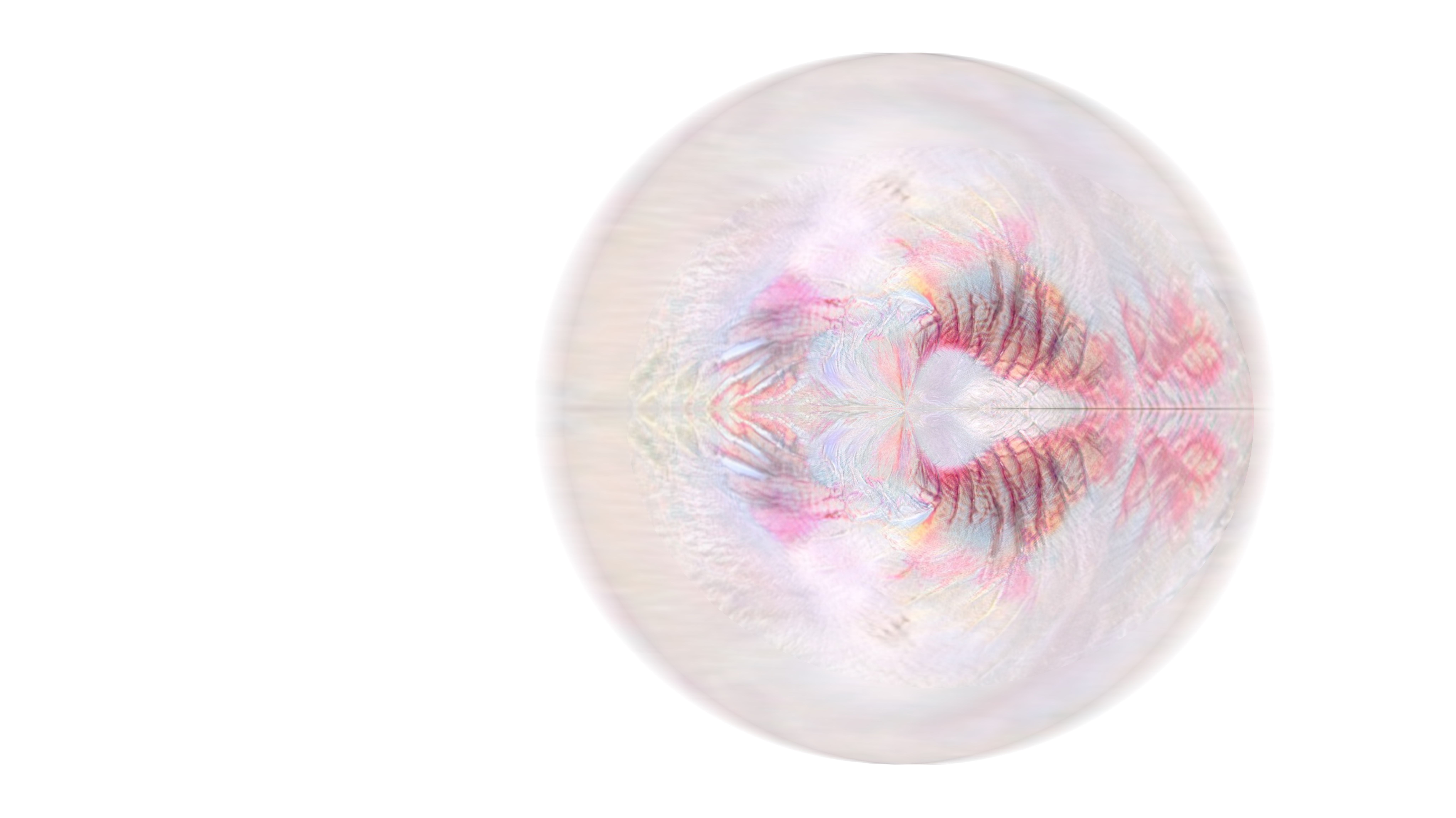 Image of a pearly circular object with soft delicate markings of pink and blue.
