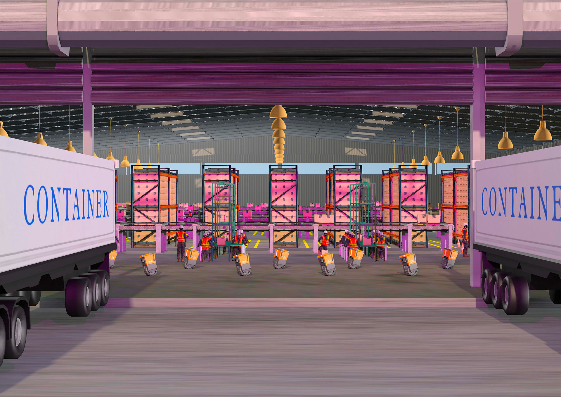 Image of a warehouse setting in a pink and purple hue, with two lorries flanking a group of people wearing high-viz waistcoats and hard hats, working, in the centre of the image.
