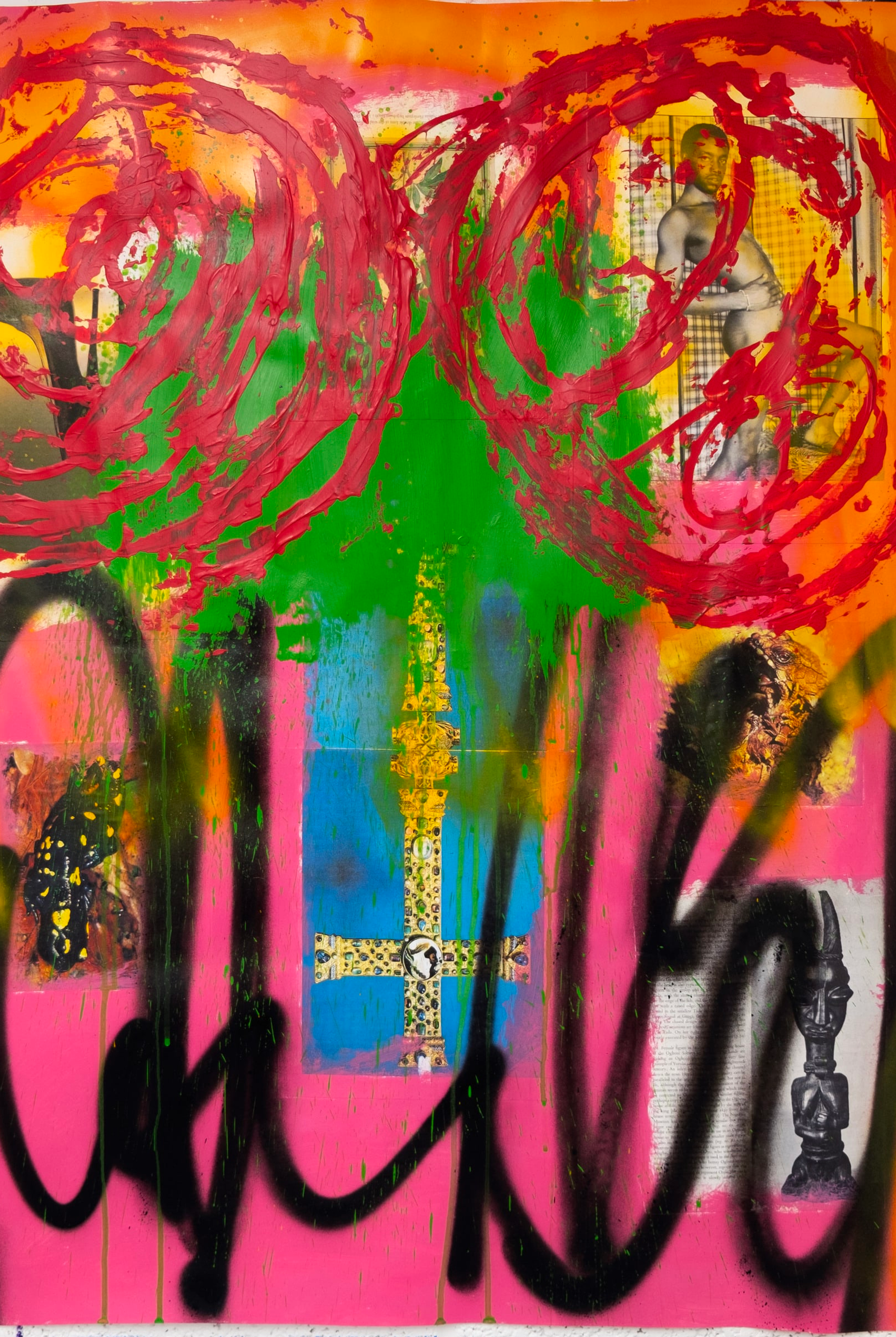 Two red swirls of paint and black, graffiti-style, spray paint, layered over photographic images and a large smudge of green paint, with a bright pink background, by Alexander Ikhide.