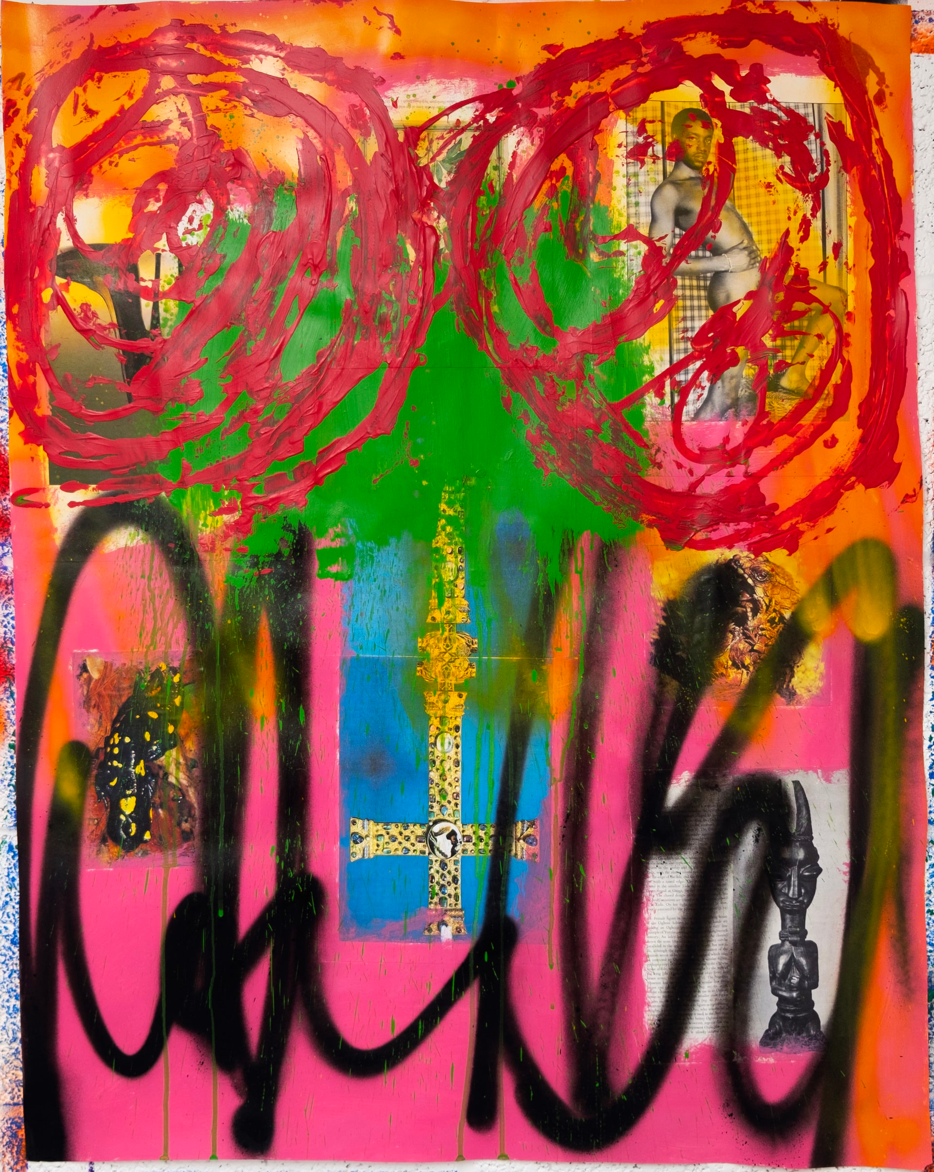 Two red swirls of paint and black, graffiti-style, spray paint, layered over photographic images and a large smudge of green paint, with a bright pink background,