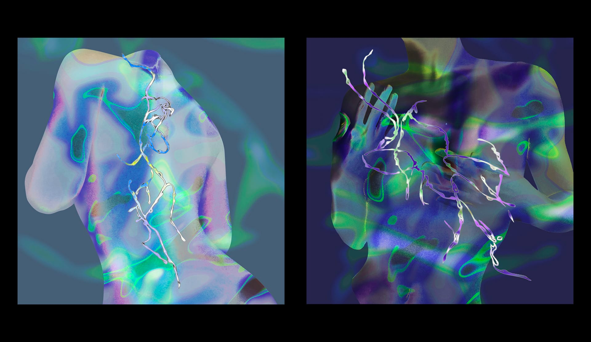 Two images side by side. On the left an angled human back from the neck to waist and on the right a human chest, with swirls and shapes in glowing greens and blues over both.