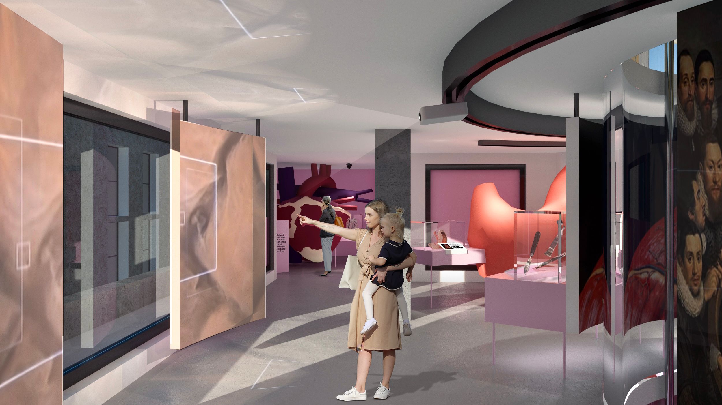 A mockup style image of a museum-type space with a woman standing the centre, pointing out something to a small child she holds, next to large curved image displays and covered display cabinets.