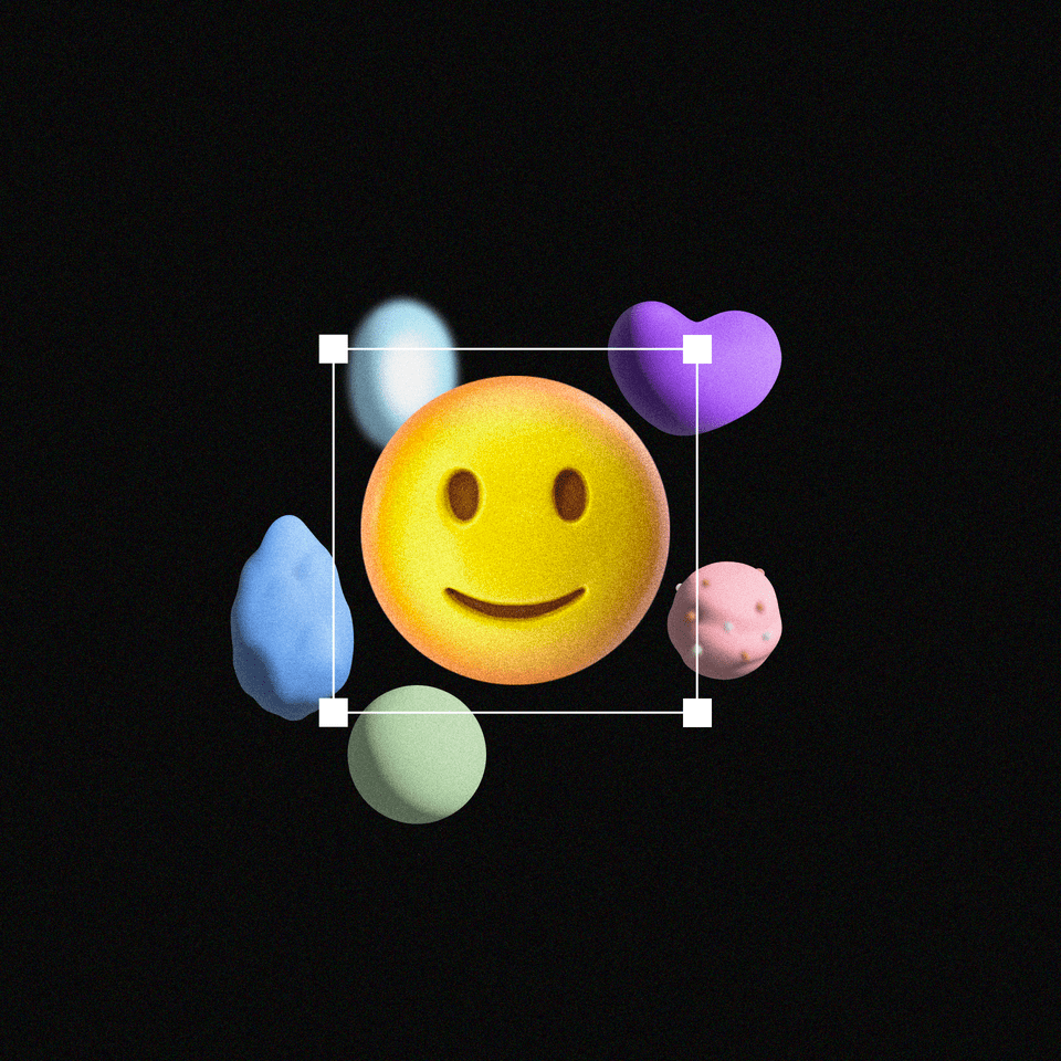 Image of a smiley face emoji with smaller coloured shapes encircling it, with the outline of a thin white square framing it, floating on a black background.