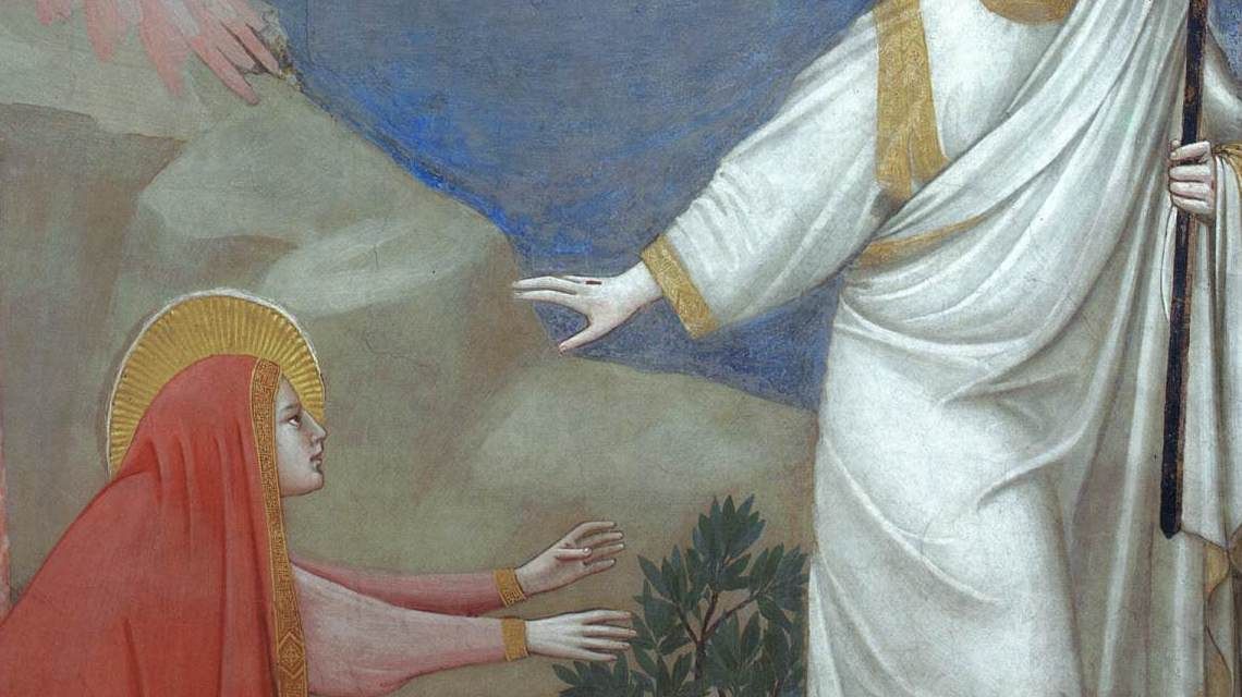 Section of painting by Giotto. Mary Magdalene kneels before Christ who has risen.