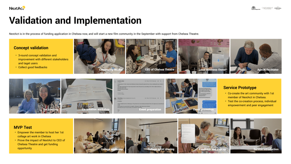 Image consisting of three rows of rectangular boxes, either filled with text on a yellow background, or photographs of people working, in meetings or workshops.