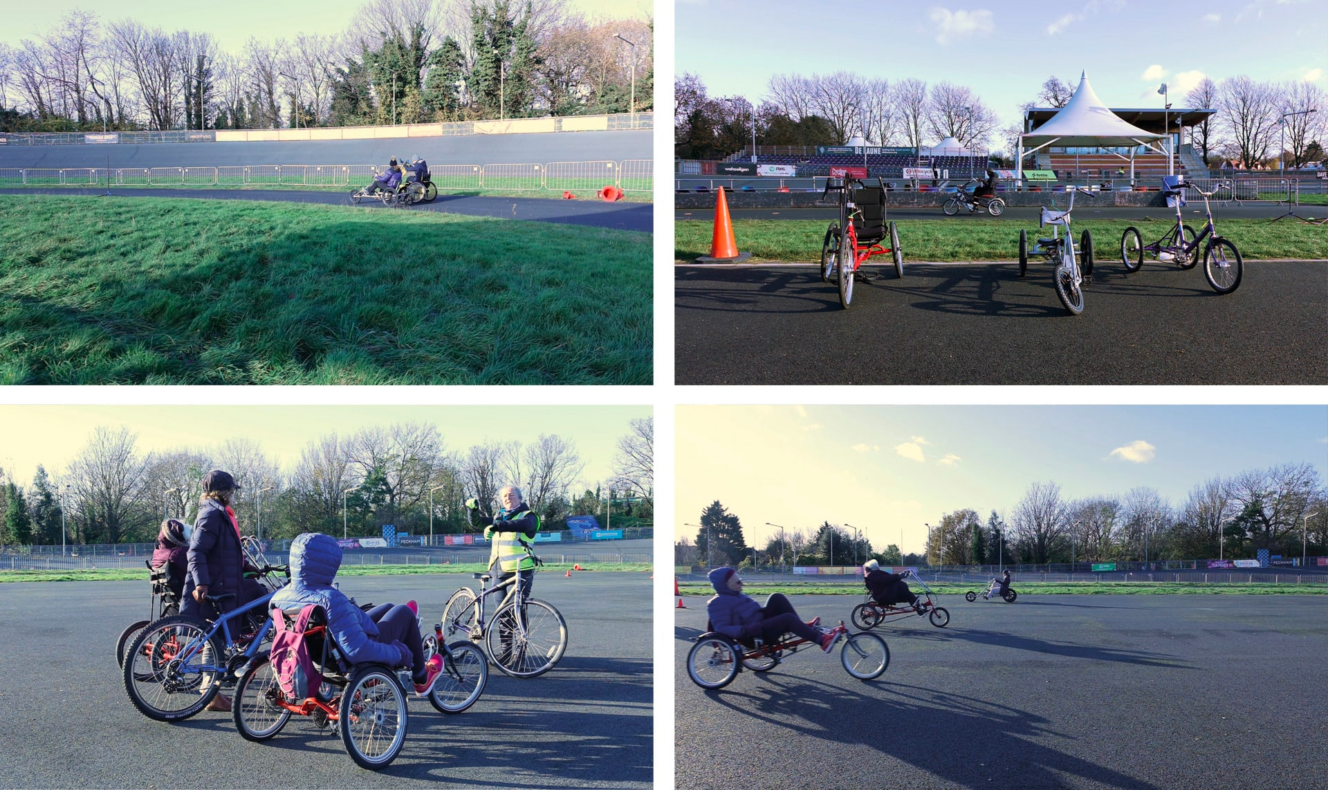 Image of four photographs showing three wheeled bicycles, and people using them, on an outdoors track.
