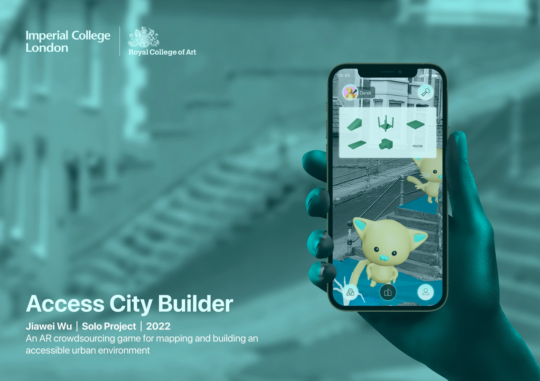 A graphic of a holding a mobile phone, its screen showing 3D animated creatures on a street, against a background of a blurry image of a street of houses and with text including ‘Access City Builder’.