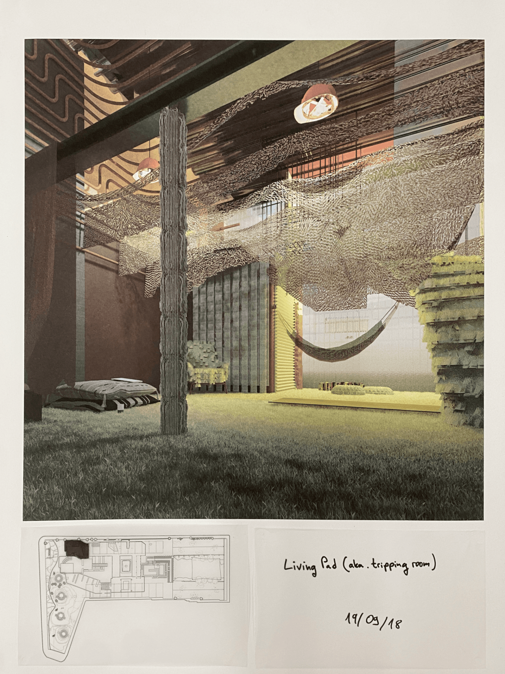Image of a large photograph of a space with a hammock, and a floor which looks like grass, with a smaller aerial plan of the same space underneath it, along with a handwritten label.