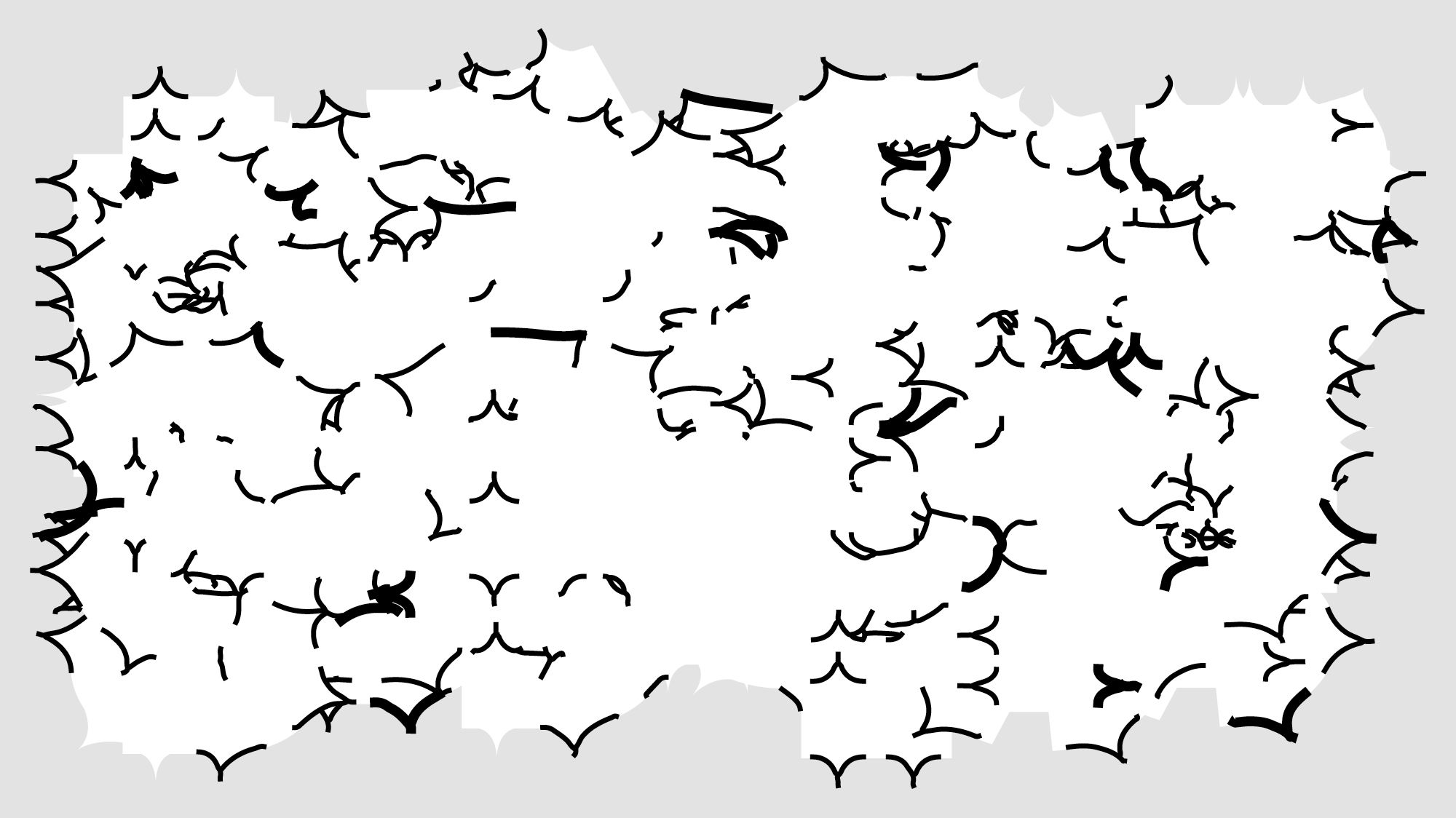 A white jumble of shapes, some of which resemble letters, outlined in black dashes.